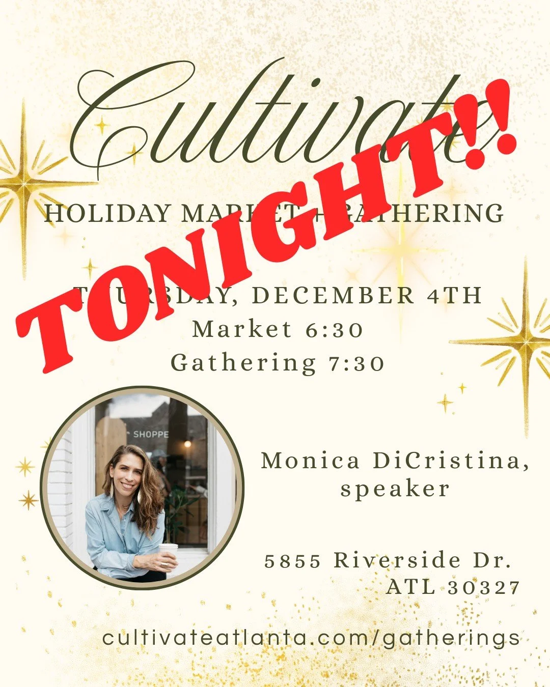 Tonight is the night!! We can't wait to see you!!

Details: 
When: TONIGHT December 4th
Time: Market 6:30 | Gathering 7:30
Where: 5855 Riverside Drive ATL 30327

For more info, go to link in bio or www.cultivateatlanta.com/gatherings

#cultivatatlant