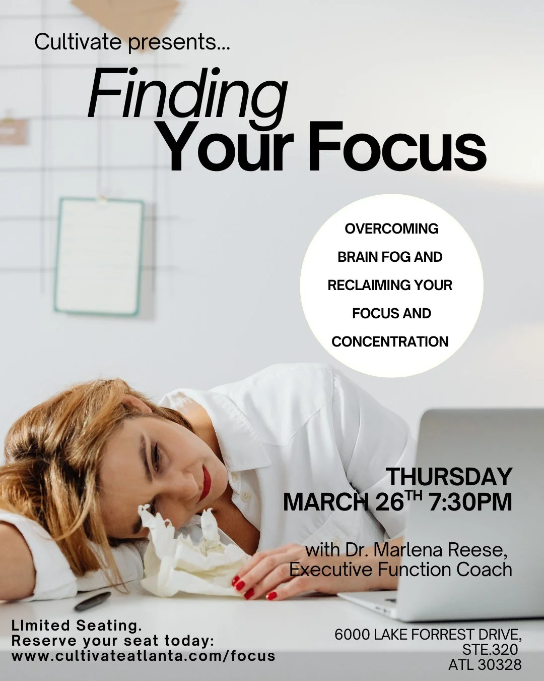 Friends, thank you for your amazing response to our upcoming event! Seats are going quickly so go ahead and register today! 

We hope you will join us for this timely conversation on brain fog, focus, concentration, and memory with  Dr. Marlena Reese