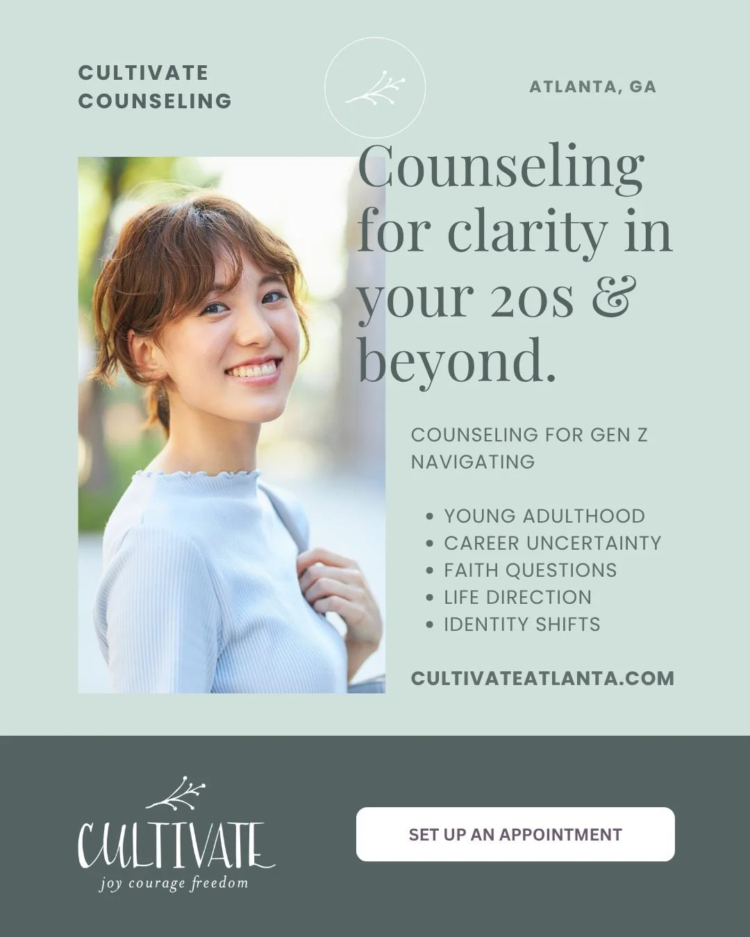 Whether you want to address lingering hurts and unhelpful habits, manage stress or anxiety, repair relationships, or gain clarity about big life decisions like internships, majors, or career steps, Cultivate understands the unique stressors and conce
