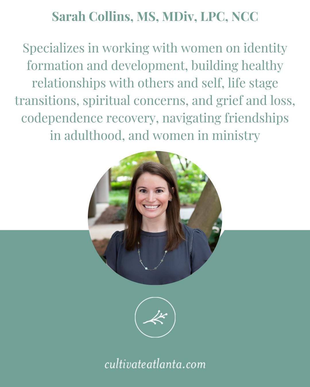 Therapist spotlight🌟 Sarah is a Licensed Professional Counselor specializing in working with women on identity formation and development, building healthy relationships with others and self, life stage transitions, spiritual concerns, and grief and 