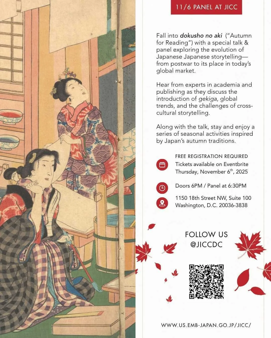 REMINDER: Join @jiccdc on Thursday, November 6 from 6:30 PM for a special talk and panel titled &quot;Fall into Reading&quot; to explore the evolution of Japanese storytelling. Along with the talk will be a series of seasonal activities inspired by J