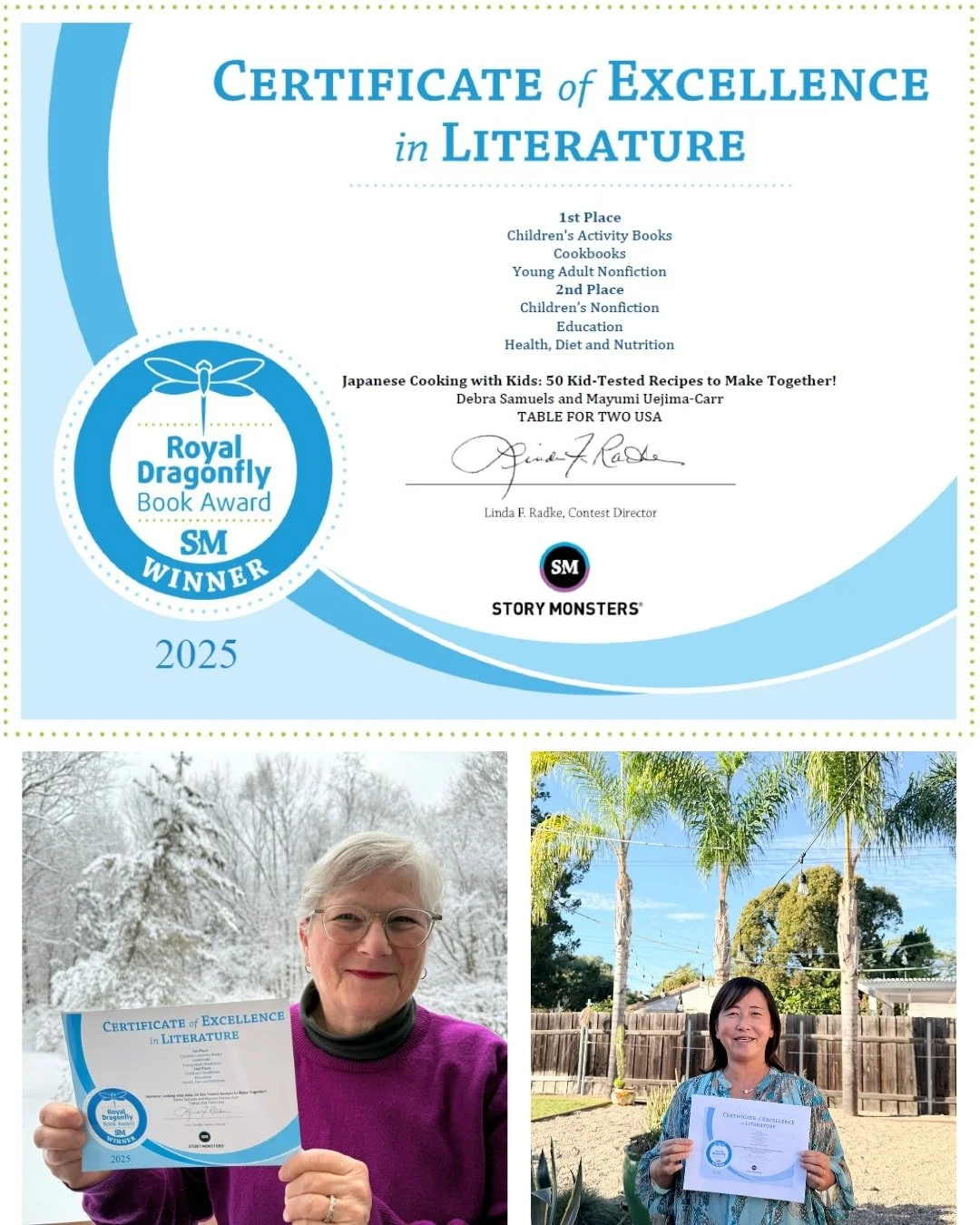 Our cookbook, Japanese Cooking with Kids, was recently recognized in 6 categories for the Royal Dragonfly Book Awards:

1st Place: Children's Activity Books
1st Place: Cookbooks
1st Place: Young Adult Nonfiction
2nd Place: Children's Nonfiction
2nd P
