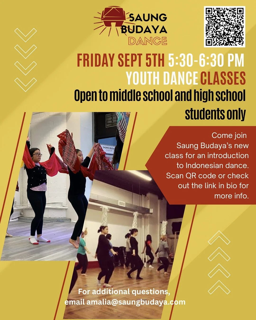 Good news, everyone! 
Saung Budaya will be resuming Friday classes starting September 5th and this time we will have a class for teens in middle school and high school. 

⭐️Classes for adults will be at 6:30pm.
⭐️Classes for middle school and high sc