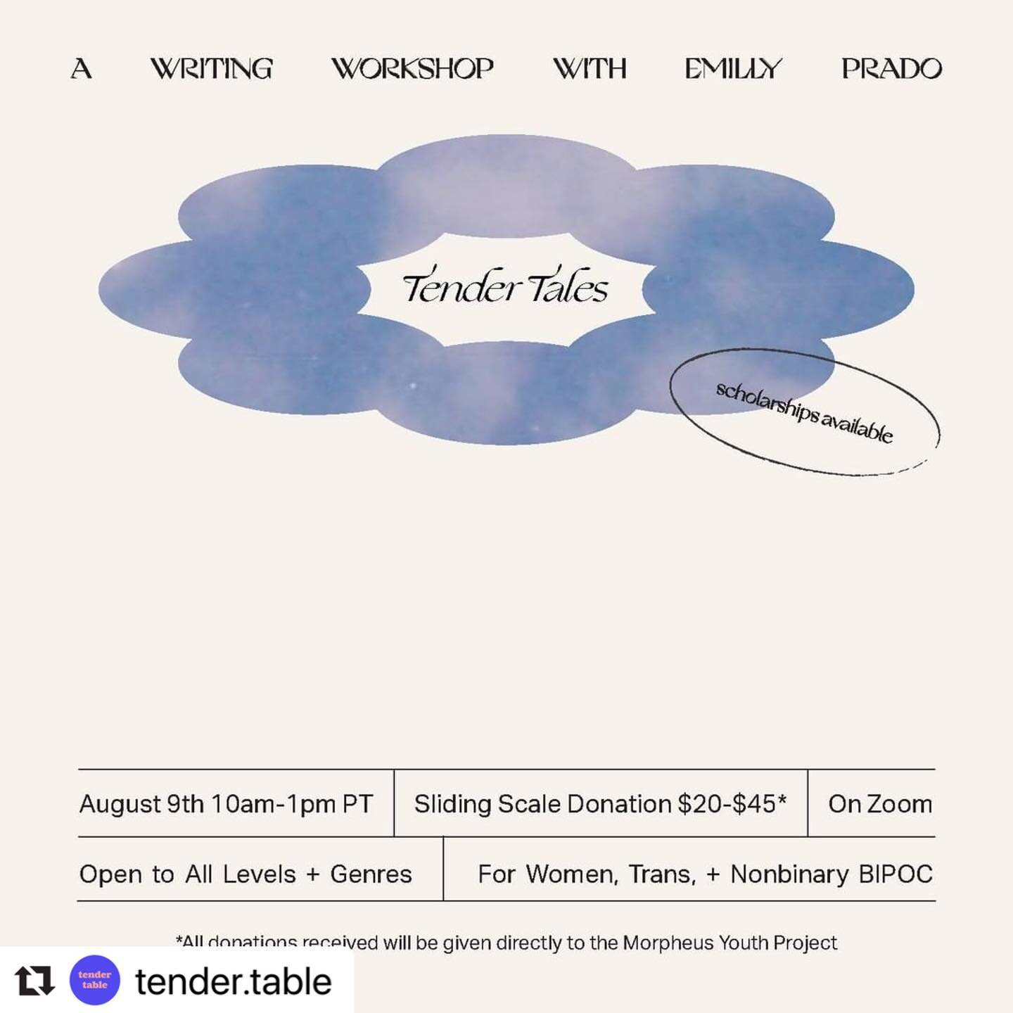 #Repost @tender.table with @make_repost
・・・
Registration is now OPEN for our Tender Tales workshop on 8/9! LINK IN BIO ✨ As a reminder this workshop is only for women, trans, and nonbinary BIPOC. You do not have to be in Portland, OR to participate.
