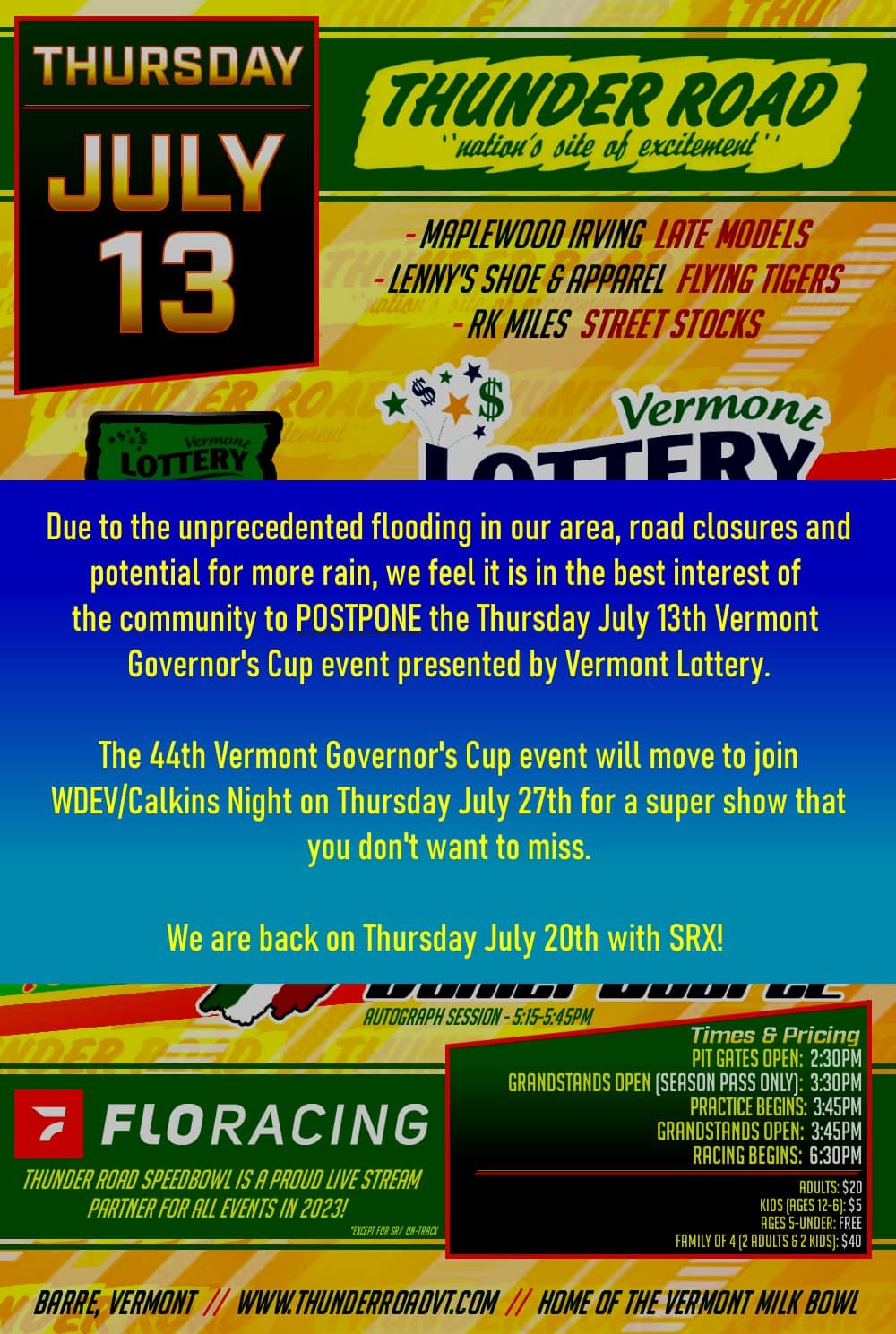 Thunder Road Postpones Governor’s Cup in Wake of Torrential Flooding Across Vermont