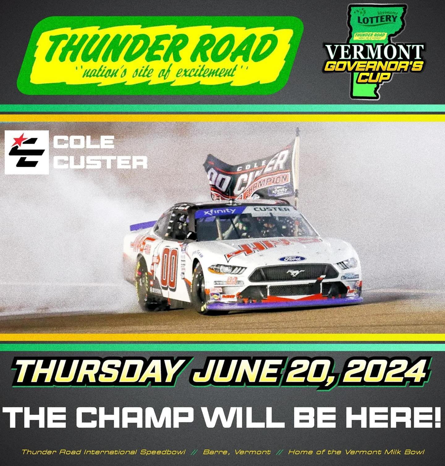 On Thursday June 20th, 2024 the reigning and defending NASCAR Xfinity Series champion @colecuster, joins the stars of the Maplefields/Irving Oil Late Model division for the 45th running of the Vermont Governor&rsquo;s Cup presented by the @vermontlot