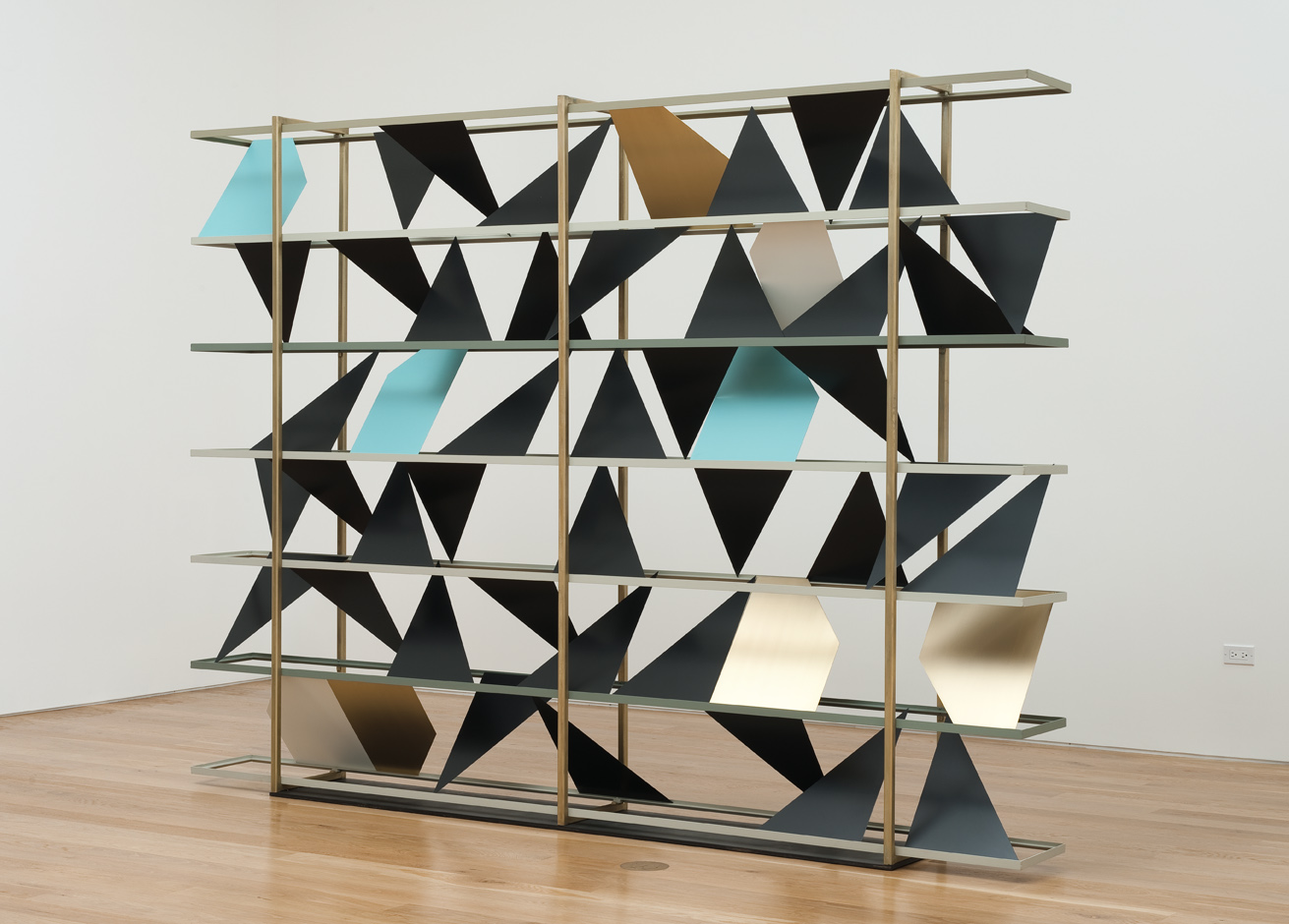  Untitled (screen), 2011-2012  Powder coated steel, brass plated steel and enamel  84 x 120 x 12 inches  213.36 x 304.8 x 30.48 cm       