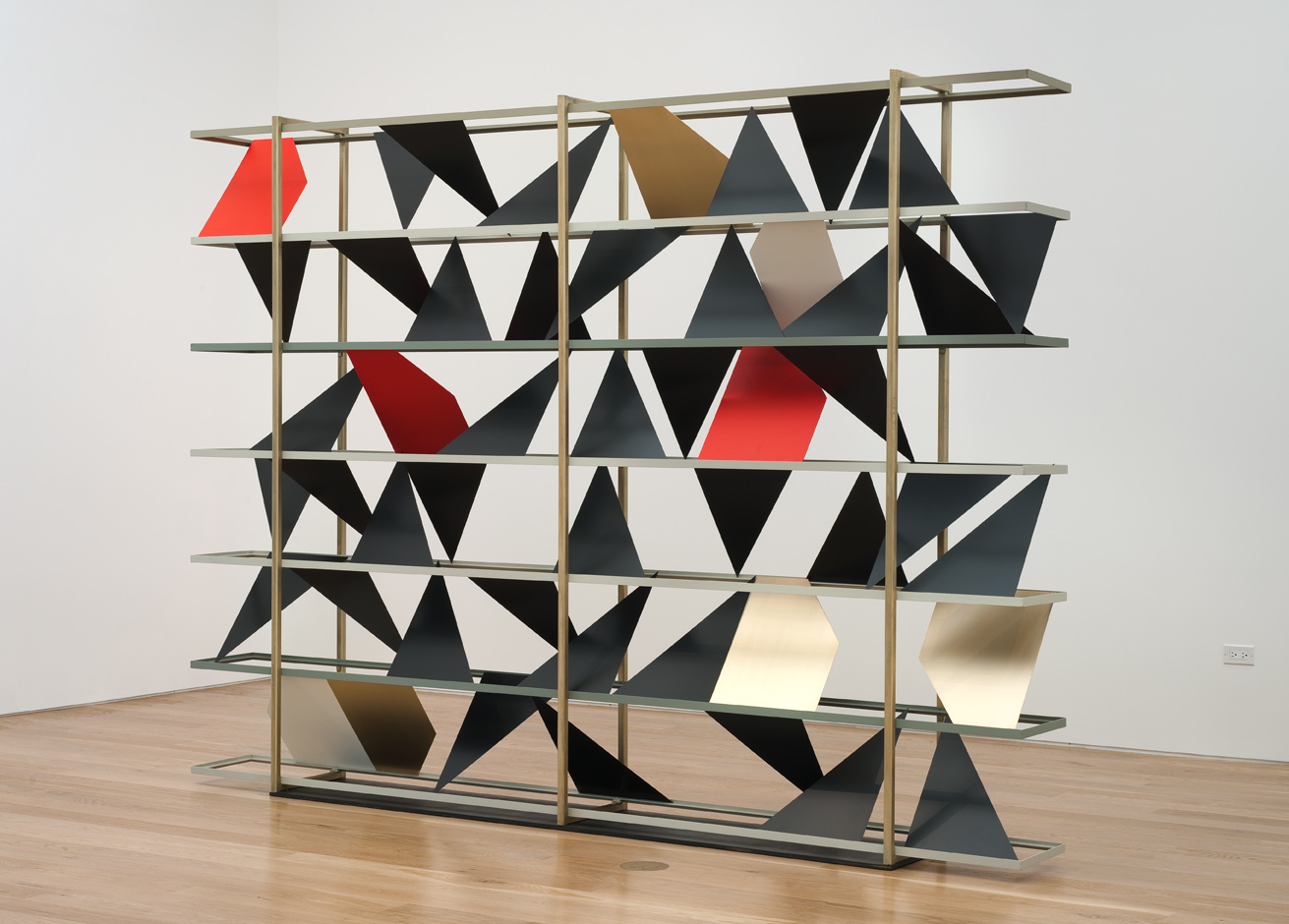  Untitled (screen), 2011-2012  Powder coated steel, brass plated steel and enamel  84 x 120 x 12 inches  213.36 x 304.8 x 30.48 cm       