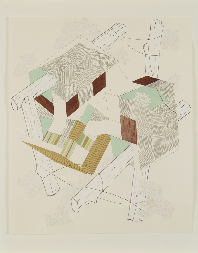  Houses &amp; Timbers 16, 2004  Pencil, gouache and collage on paper  17 x 14 inches  43.18 x 35.56 cm       