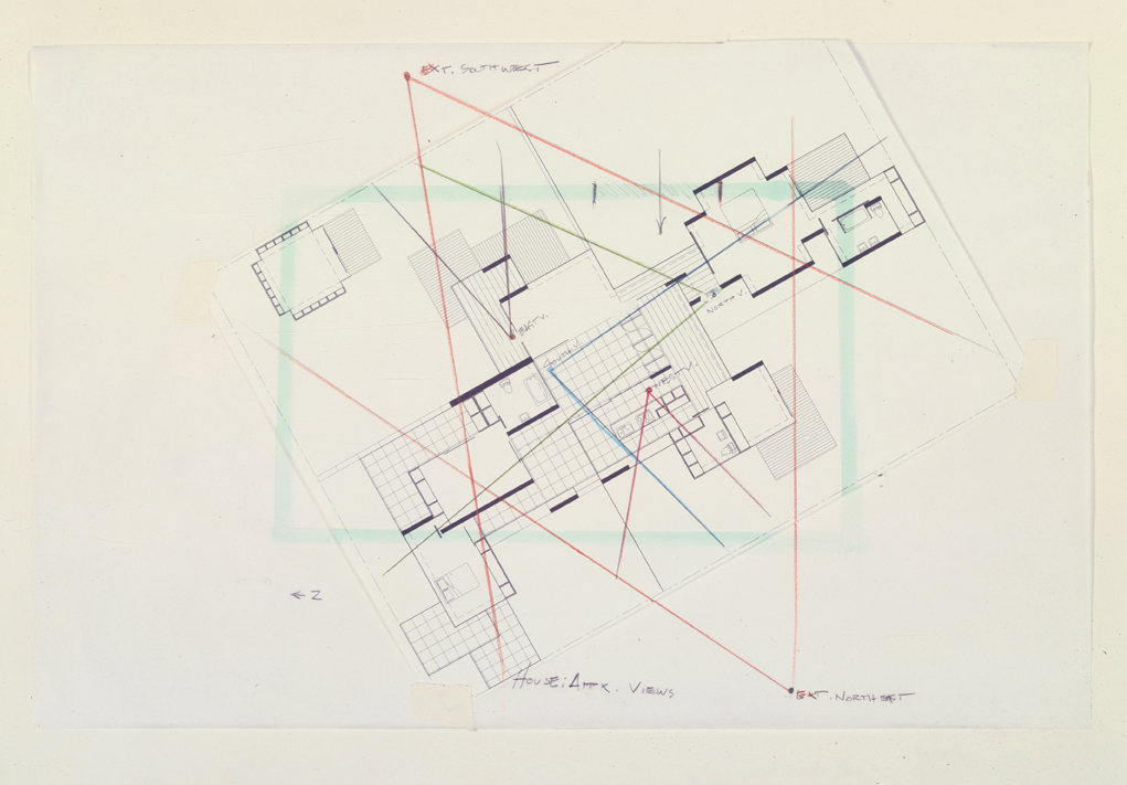  House Plan with Projected Views, 1999  Pencil on vellum  11 x 17 inches  27.94 x 43.18 cm       