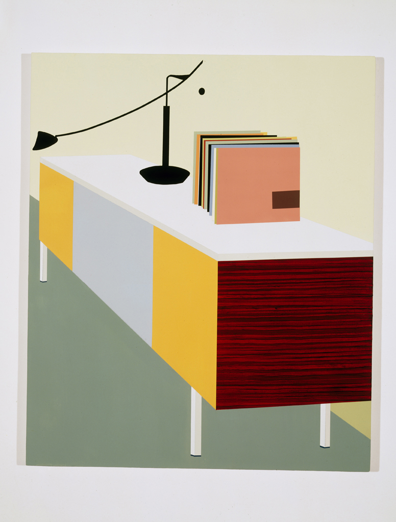  Console with Records, 1996  Oil and acrylic on canvas over panel  48 x 40 inches  121.92 x 101.6 cm       