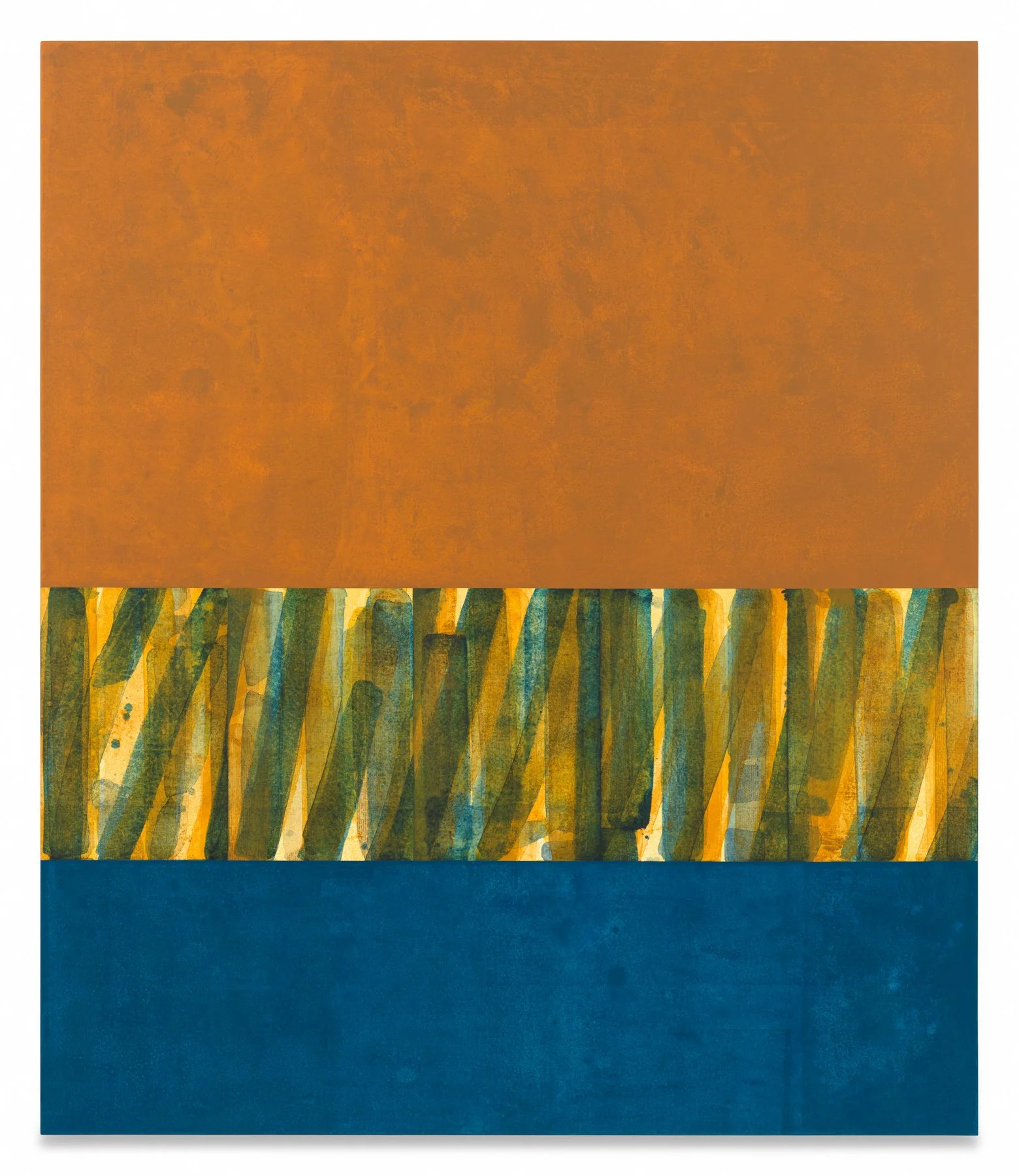      Untitled (3 Bands Sienna/Indanthrone), 2025, Pigment dispersion, acrylic, and oil on linen over panel, 70 x 60 inches                 