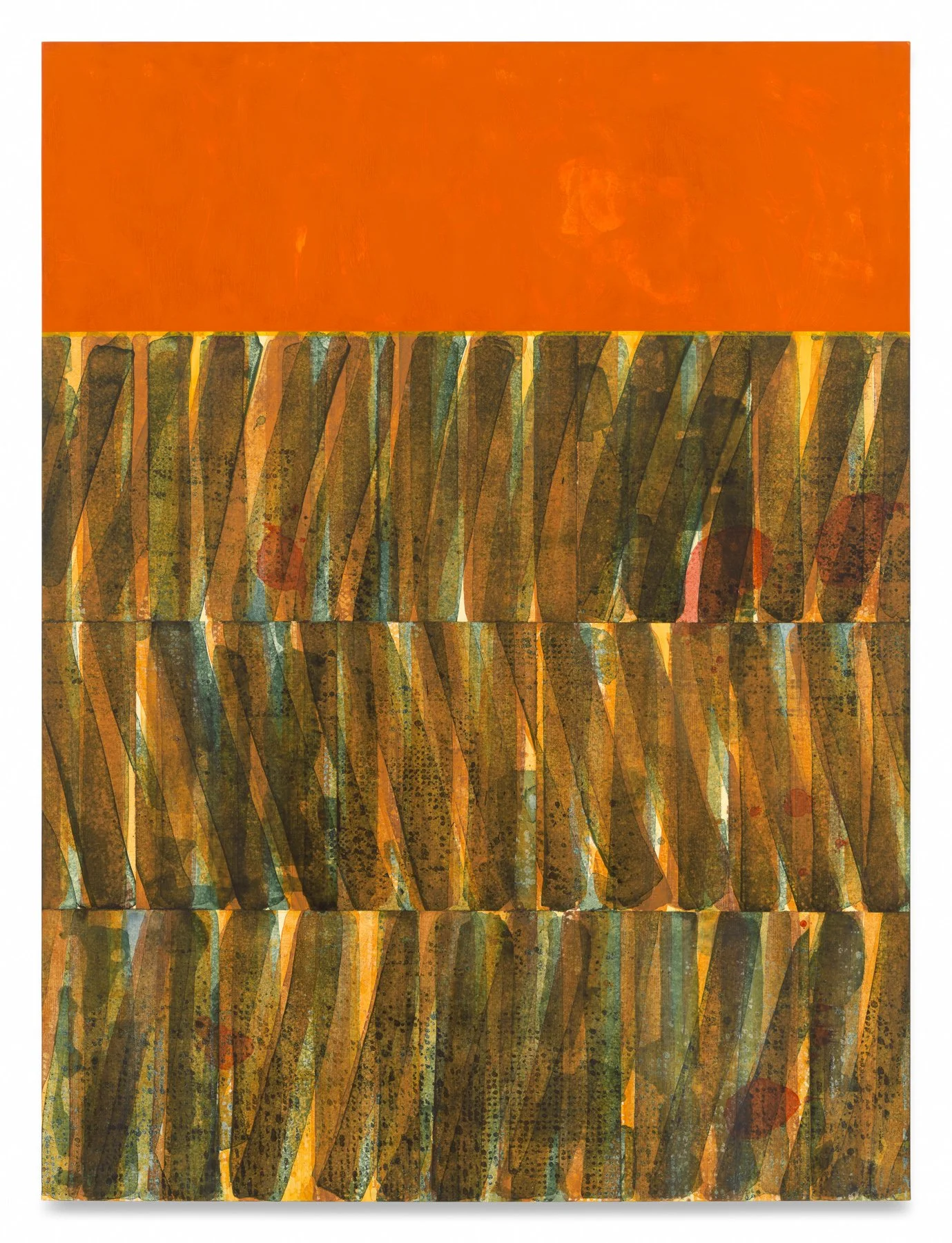      Untitled (4 Bands Burnt Orange Sediment), 2025, Pigment dispersion, acrylic, and oil on linen over panel, 64 x 48 inches                 