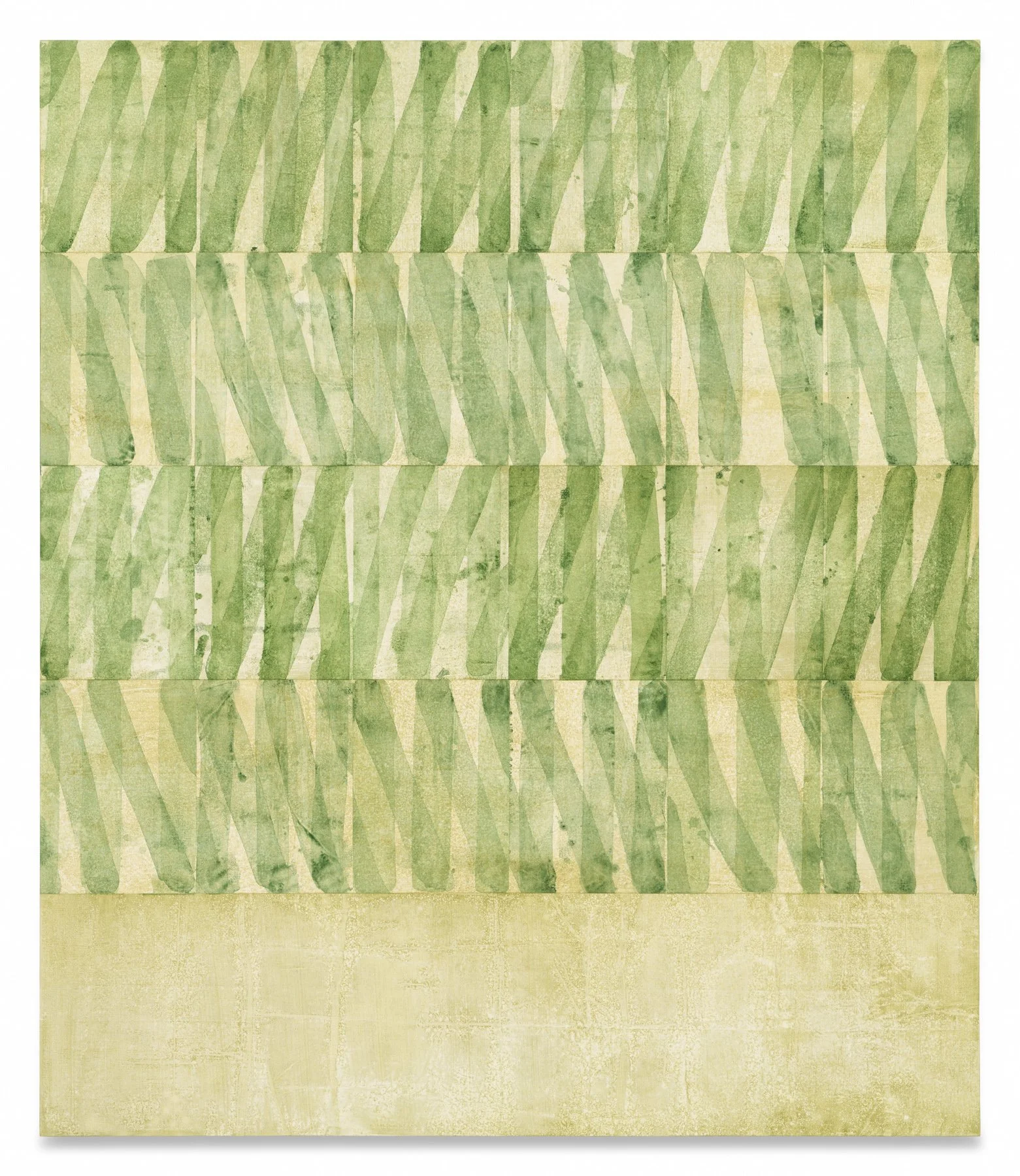     Untitled (5 Bands Terre Verte), 2025, Pigment dispersion and acrylic on linen over panel, 77 x 66 inches                 