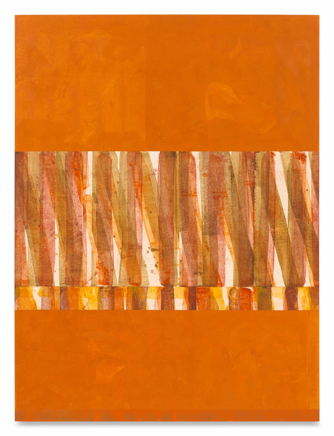 Untitled (5 Bands Rust Interval), 2025  Pigment dispersion, acrylic, and oil on linen over panel  64 x 48 inches       