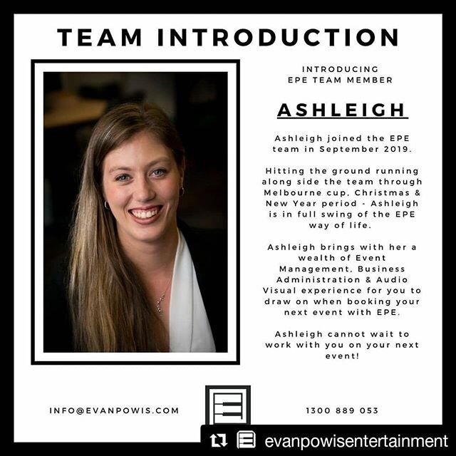 It is so amazing to be apart of the EPE team! Stay tuned to catch up on what's been happening &amp; to see what's to come 🎉

#Repost @evanpowisentertainment
・・・
EPE welcomes new team Member Ashleigh!

For all your event and entertainment needs - giv