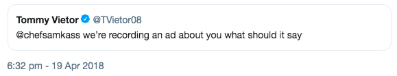 Vietor tweets Sam Kass while reading an ad for Sam Kass.
