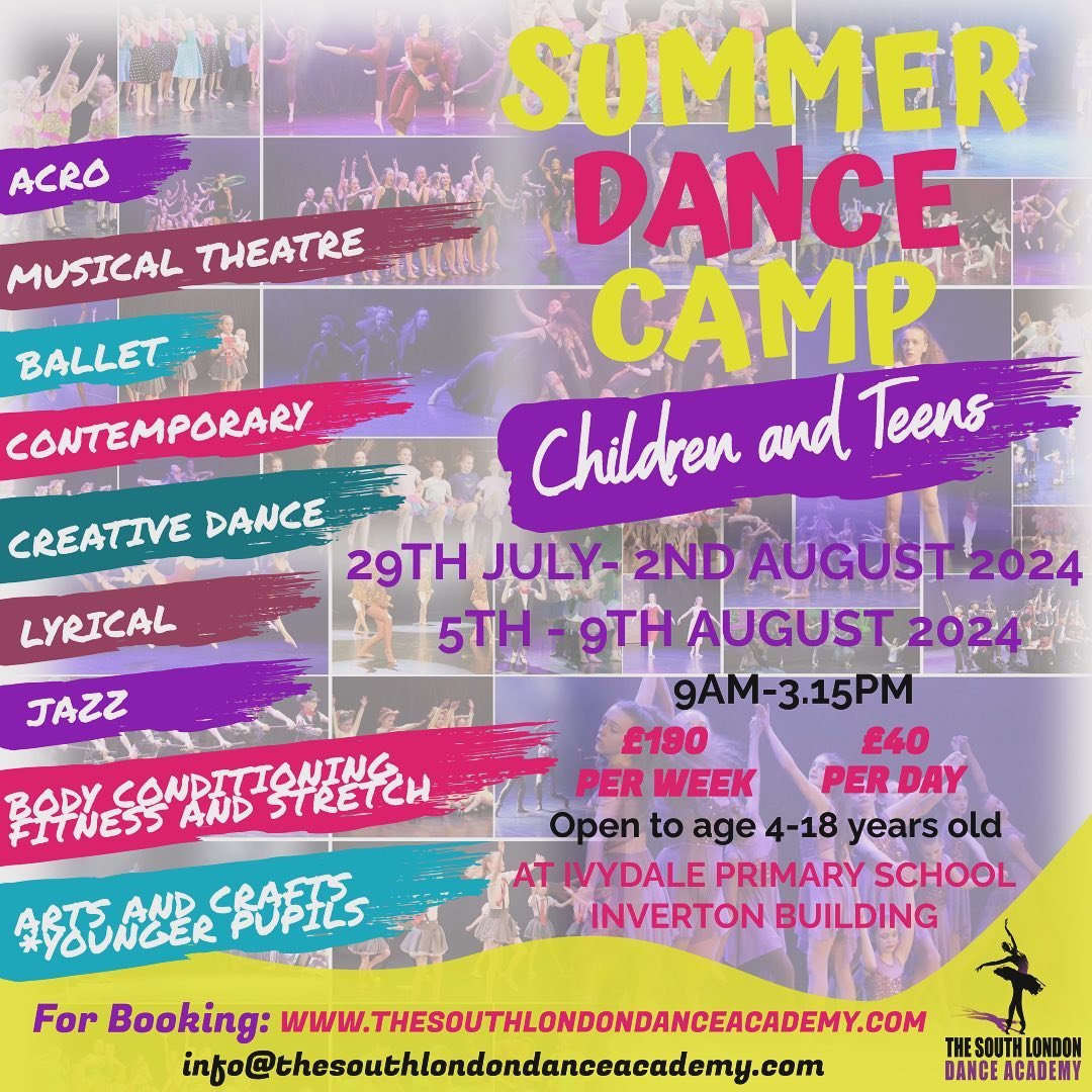 🔆Summer Dance Camps with The South London Dance Academy🔆
29th July - 2nd August 2023
5th August - 9th August 2023
9.00am-3.15pm @ Ivydale Primary School, Inverton Building, SE15 

Try out new styles and learn from our amazing teachers and choreogra