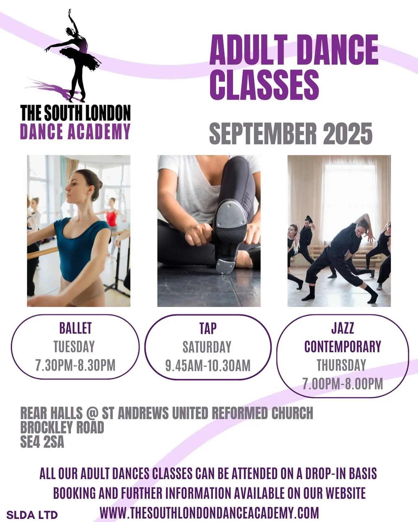 โจ Adult Dance Classes @ The South London Dance Academy โจ
Starting September 2025!
Alongside our ever-popular Adult Ballet, we’re excited to be adding Contemporary, Jazz, and Tap classes to the timetable!
โ
Drop-in & pay-as-you-go
๐๏ธ Disc