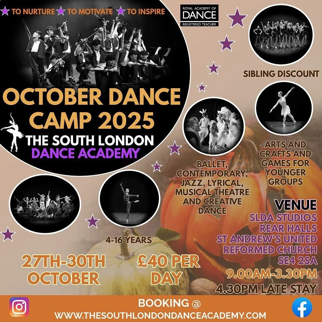 🌟𝐎𝐜𝐭𝐨𝐛𝐞𝐫 𝐇𝐚𝐥𝐟 𝐓𝐞𝐫𝐦 𝐃𝐚𝐧𝐜𝐞 𝐂𝐚𝐦𝐩!🌟

Still a few spaces left for 4 days of fun, creativity &amp; dance! 🗓 27th&ndash;30th October 🕘 9:00am&ndash;3:30pm (&pound;40/day) Late stay until 4:30pm for &pound;6 📍 SLDA Studios, Brock