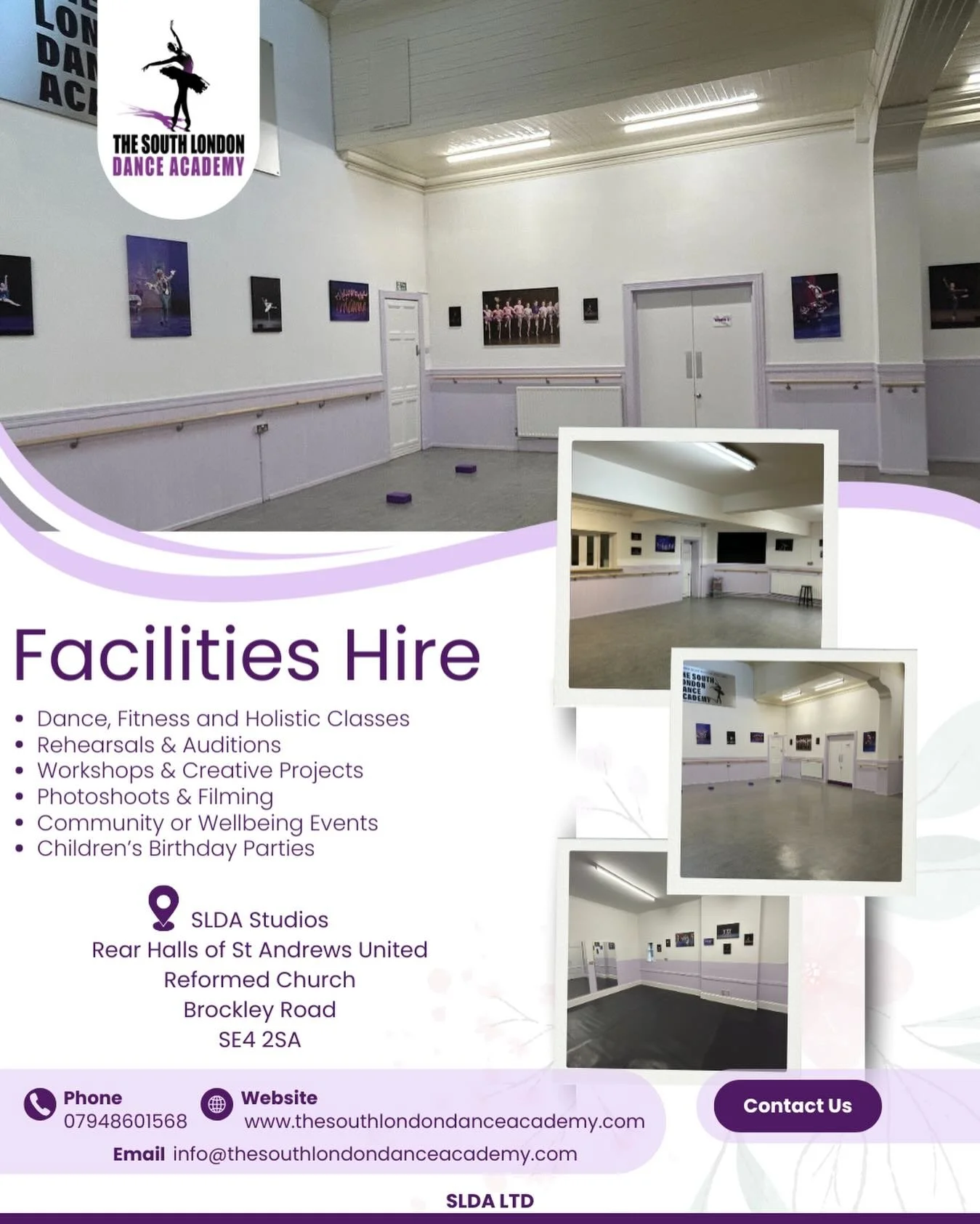 Our spaces are available to hire! ✨

The South London Dance Academy
Rear Halls of St Andrews United Reformed Church, Brockley Road, SE4 2SA

Perfect for classes, rehearsals, workshops and more! 
Get in touch for more information:
📧 info@thesouthlond
