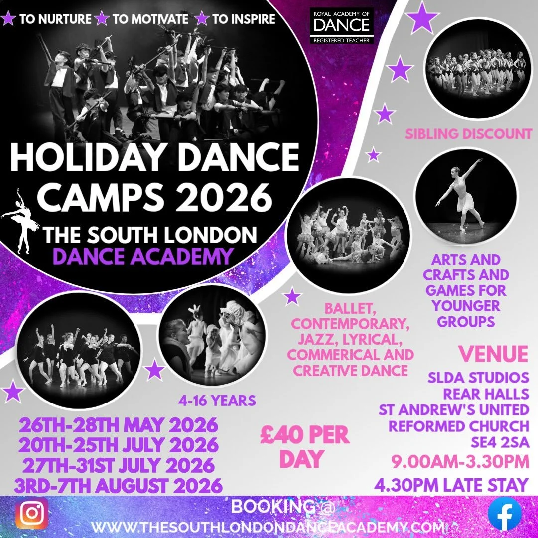 Join us for a day of dance @ The South London Dance Academy! 

Looking for a fun, active way to keep your children moving, creating and smiling? 
Join us at our Brockley studios for action-packed days filled with dance, imagination and confidence-bui