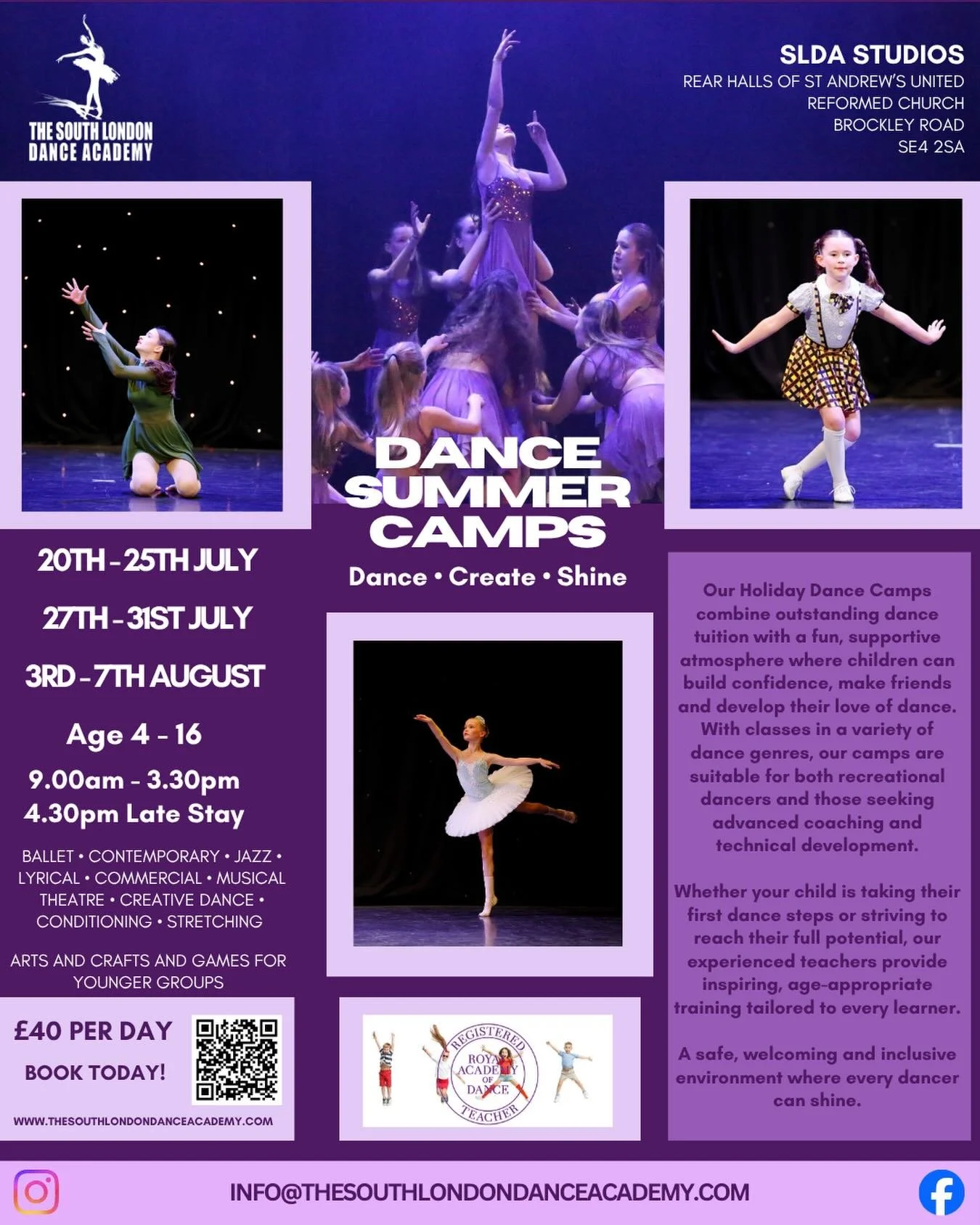 ☀️🩰𝐒𝐔𝐌𝐌𝐄𝐑 𝐃𝐀𝐍𝐂𝐄 𝐂𝐀𝐌𝐏𝐒 𝐀𝐑𝐄 𝐇𝐄𝐑𝐄! 🩰☀️

Join us at The South London Dance Academy this summer for an exciting programme of dance, creativity and fun! 💜

Whether your child is looking to try something new, spend time with friend