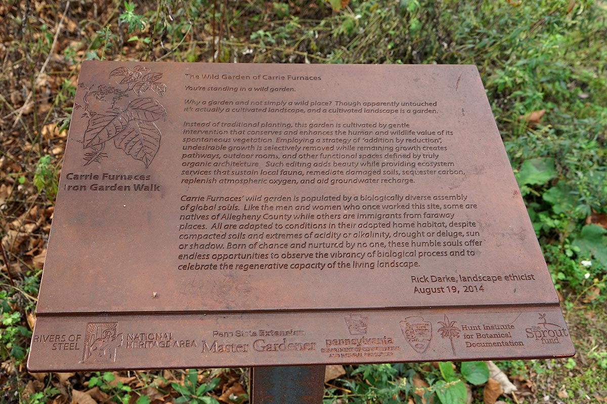 Iron Garden Walk Signage at Carrie Furnaces, Photo by Rick Darke