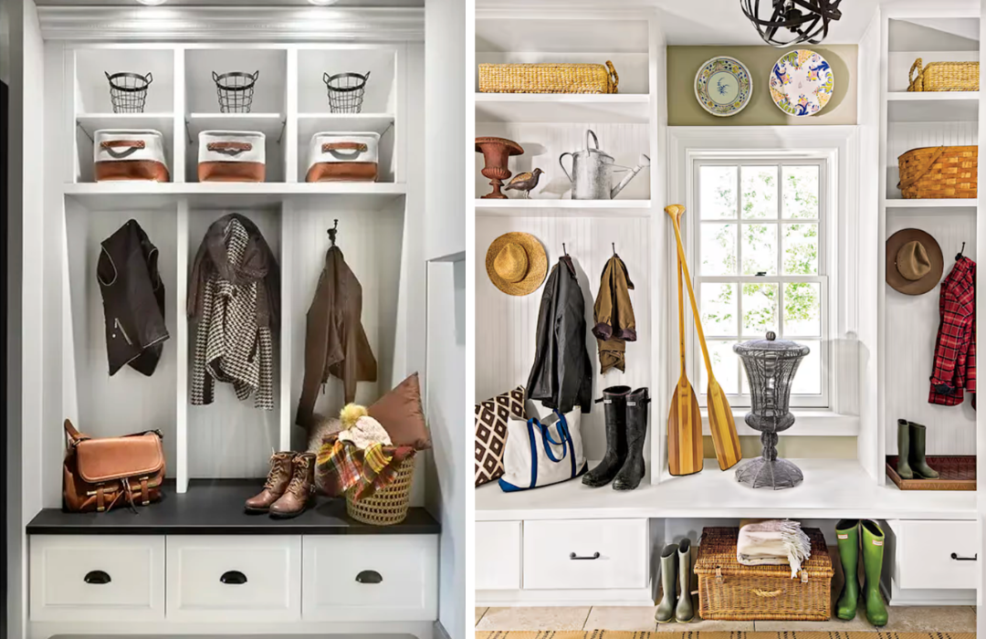 Two mudroom built-ins with open cubbies, coat hooks, and boot storage for wet gear