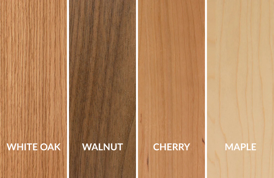 Wood species comparison chart showing white oak, walnut, cherry, and maple wood grain samples for kitchen cabinets
