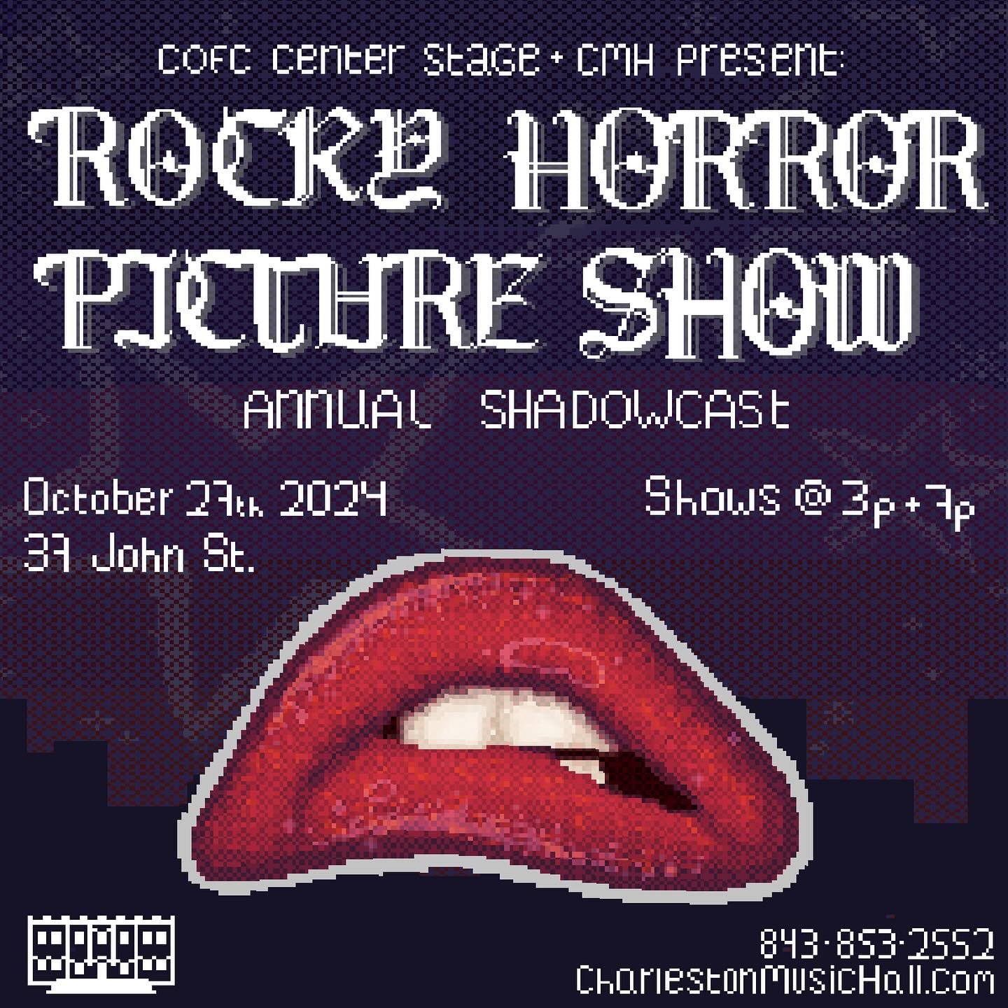 It's finally here... The moment you've all been waiting for... Our annual Rocky Horror Picture Show Shadowcast is BACK! 

We're so excited to be collaborating with the Charleston Music Hall for our third year in a row! This show runs for ONE DAY ONLY