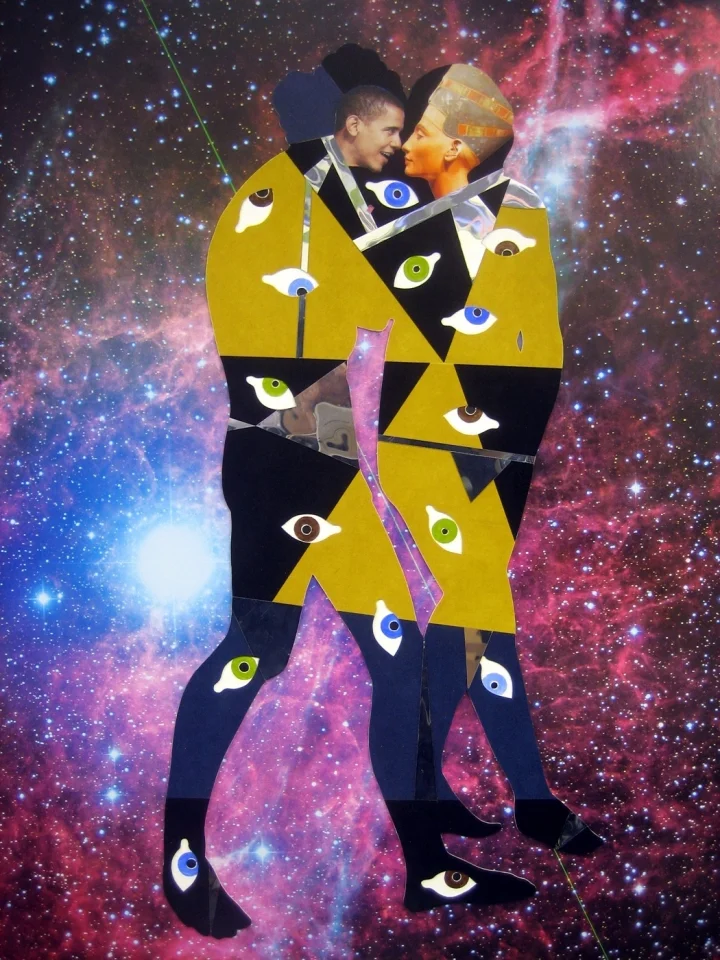 William Villalongo, “Barack and Nefertiti in the Vela Supernova Remnant” (2009), hubble telescope poster, velour paper, mirrored mylar, acrylic paint, 30 x 24 in (photo © William Villalongo, courtesy the artist and Susan Inglett Gallery, NYC)