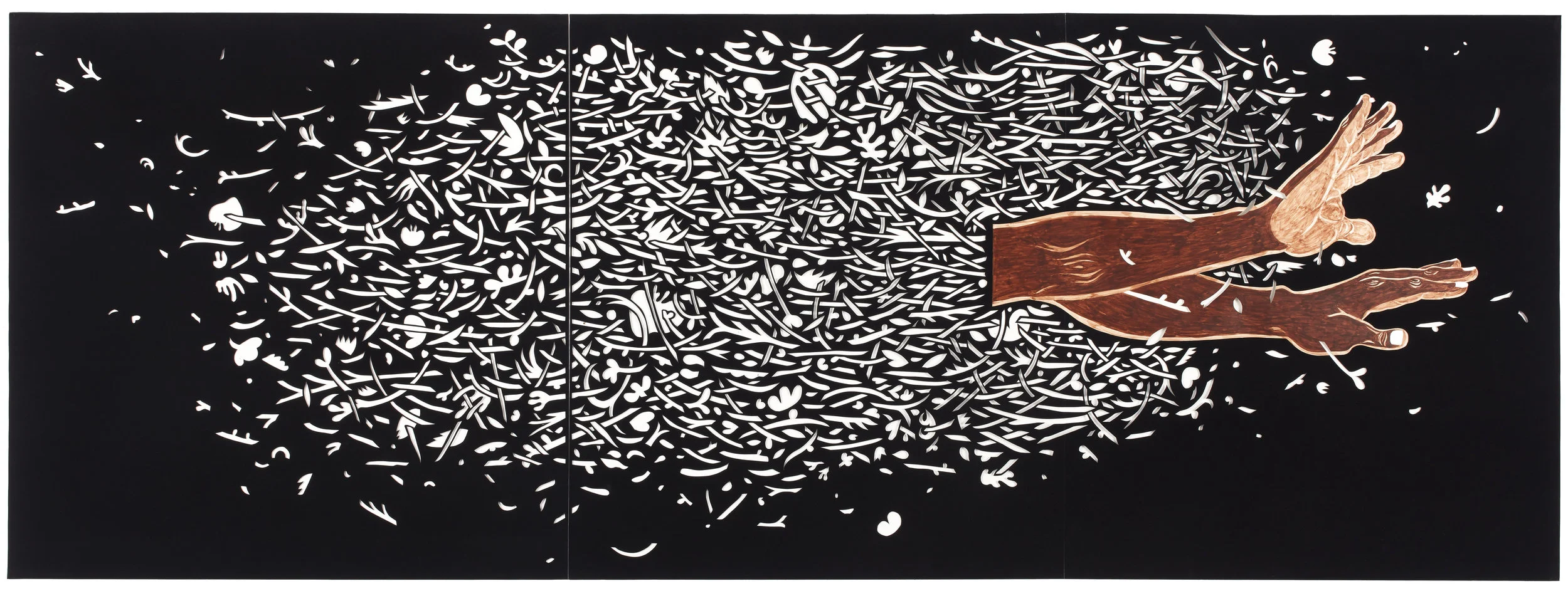 ZERO GRAVITY 1 acrylic, paper collage and cut velour paper 109 516 x 39 1/8  in