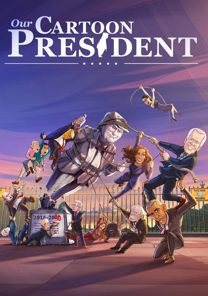 Political cartoon depicting politicians and world leaders in a humorous battle over the presidency, with exaggerated caricatures and exaggerated struggle on a stage with a fence background.