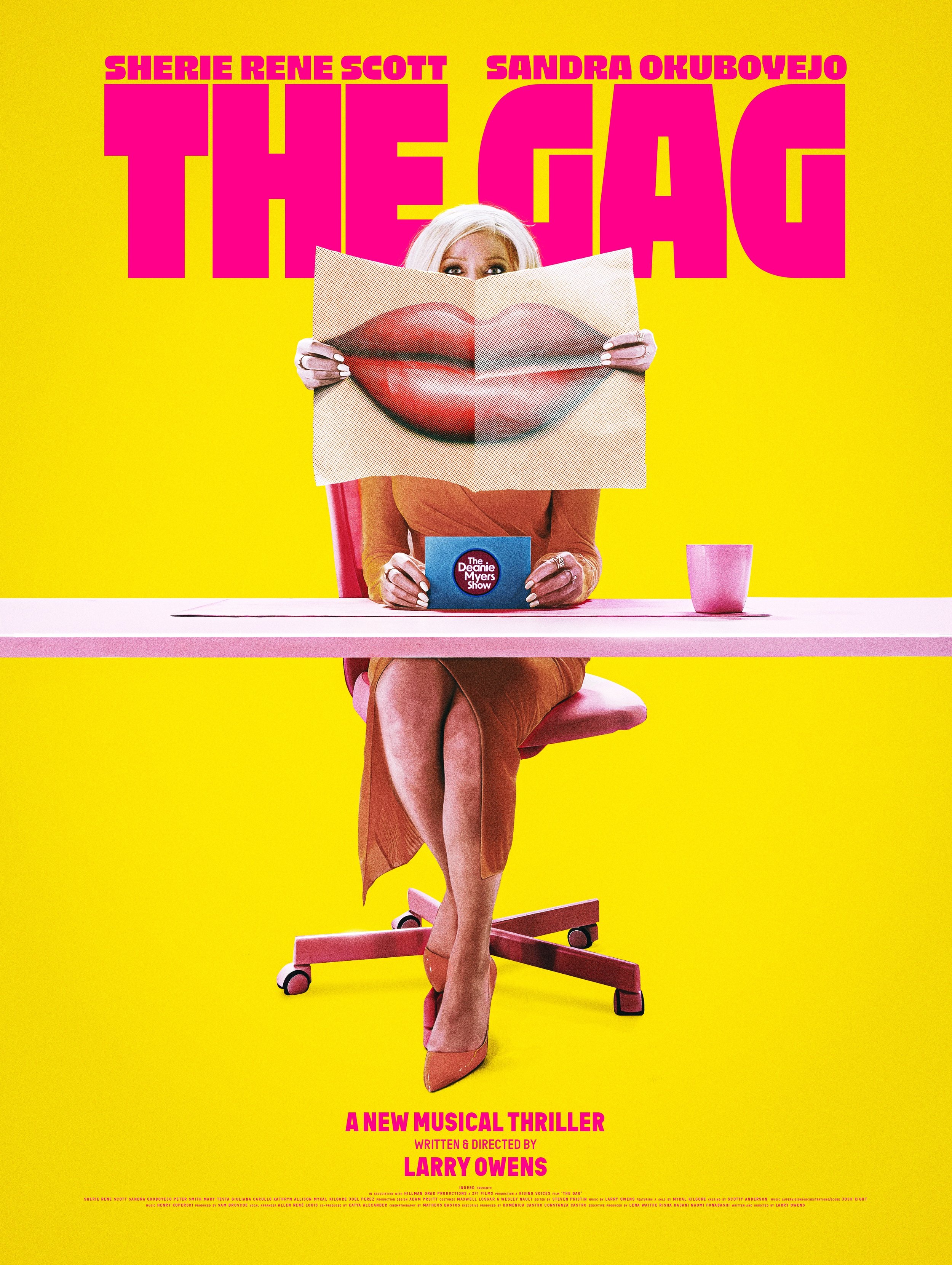 Poster for the musical 'The Check' featuring a woman with blonde hair holding a large card with lips on it. The background is yellow with pink text, including the names Sherie Rene Scott, Sandra Okuboyejo, and Larry Owens.