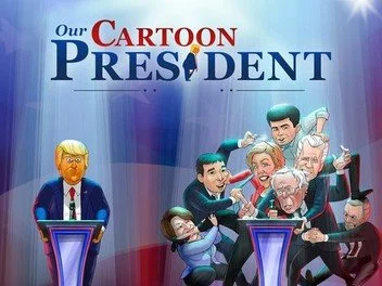 Cartoon illustration of a presidential debate stage with cartoon figures of political candidates and a caricature of Donald Trump standing behind podiums, with a bright light shining down.
