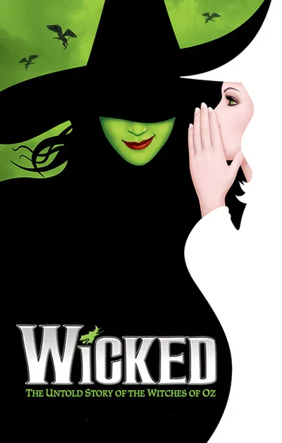 Illustration of the Wicked Witch of the West with green face, hat, and a woman whispering.