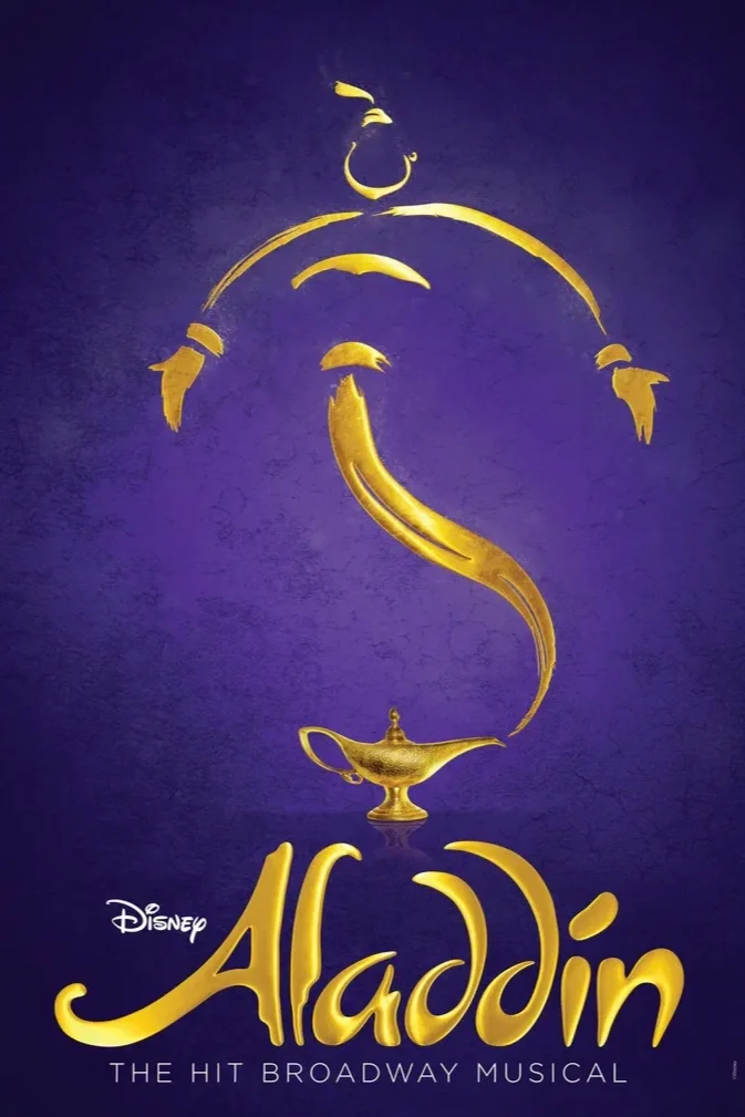 Poster for Disney's Aladdin Broadway musical featuring a golden lamp and an outline of a genie spirit rising from it, with the title "Aladdin" and the subtitle "The Hit Broadway Musical" on a purple background.