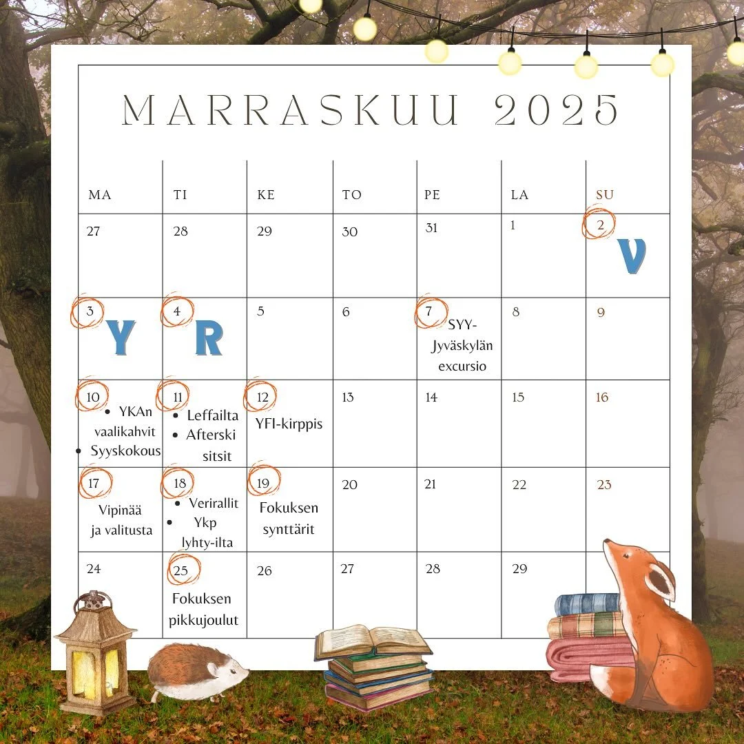 SWIPE FOR ENGLISH/ ENGLISH IN BELOW

T&auml;ss&auml; marraskuun tapahtumat. 🧡🍂🧦 

Huomioithan, ett&auml; muutokset ovat mahdollisia.
Ajankohtaiset tiedot, muun muassa ajasta ja paikasta, l&ouml;yd&auml;t jokaisen tapahtuman omasta postauksesta, jo