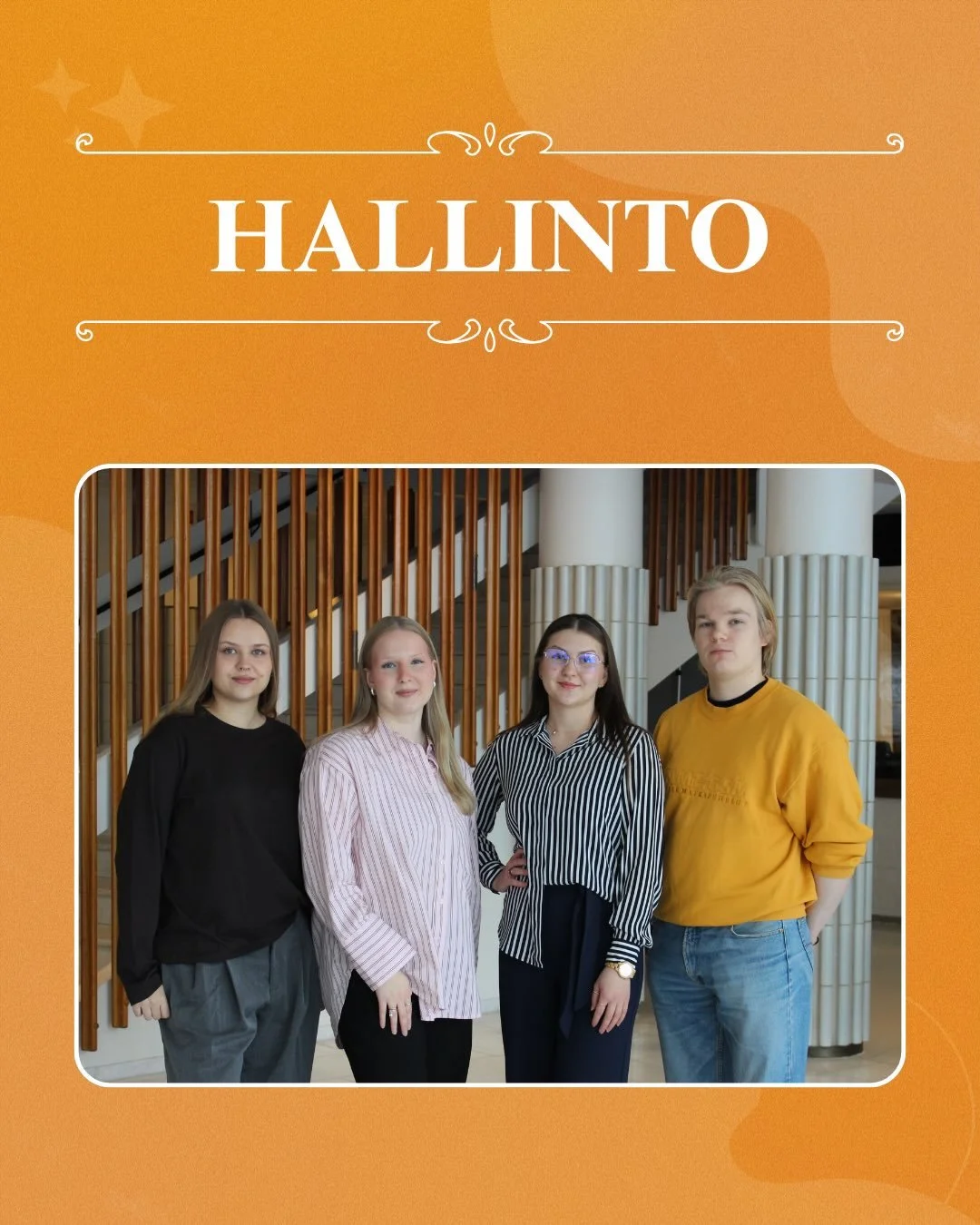 (In English below)
Vuoden 2026 hallitusesittelyt alkavat ja ensimm&auml;isen&auml; esittelyss&auml; hallintojaosto!🦊

Hallintotiimiin kuuluvat puheenjohtaja Jenna, varapuheenjohtaja ja j&auml;senrekisterivastaava Sofia, sihteeri Sini, talousvastaava