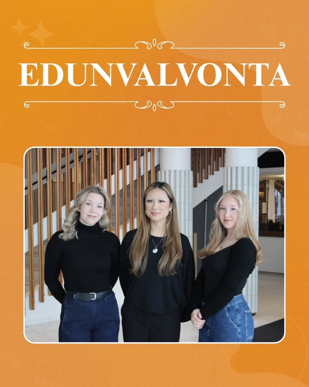 (In English below)
Seuraavaksi esittelyvuorossa edunvalvontajaosto!✨

Edunvalvontajaostoon kuuluvat sosiaalipoliittinen vastaava Aino, sosiologian koulutuspoliittinen vastaava Heini, yhteiskuntapolitiikan koulutuspoliittinen vastaava Anita, kansainv&