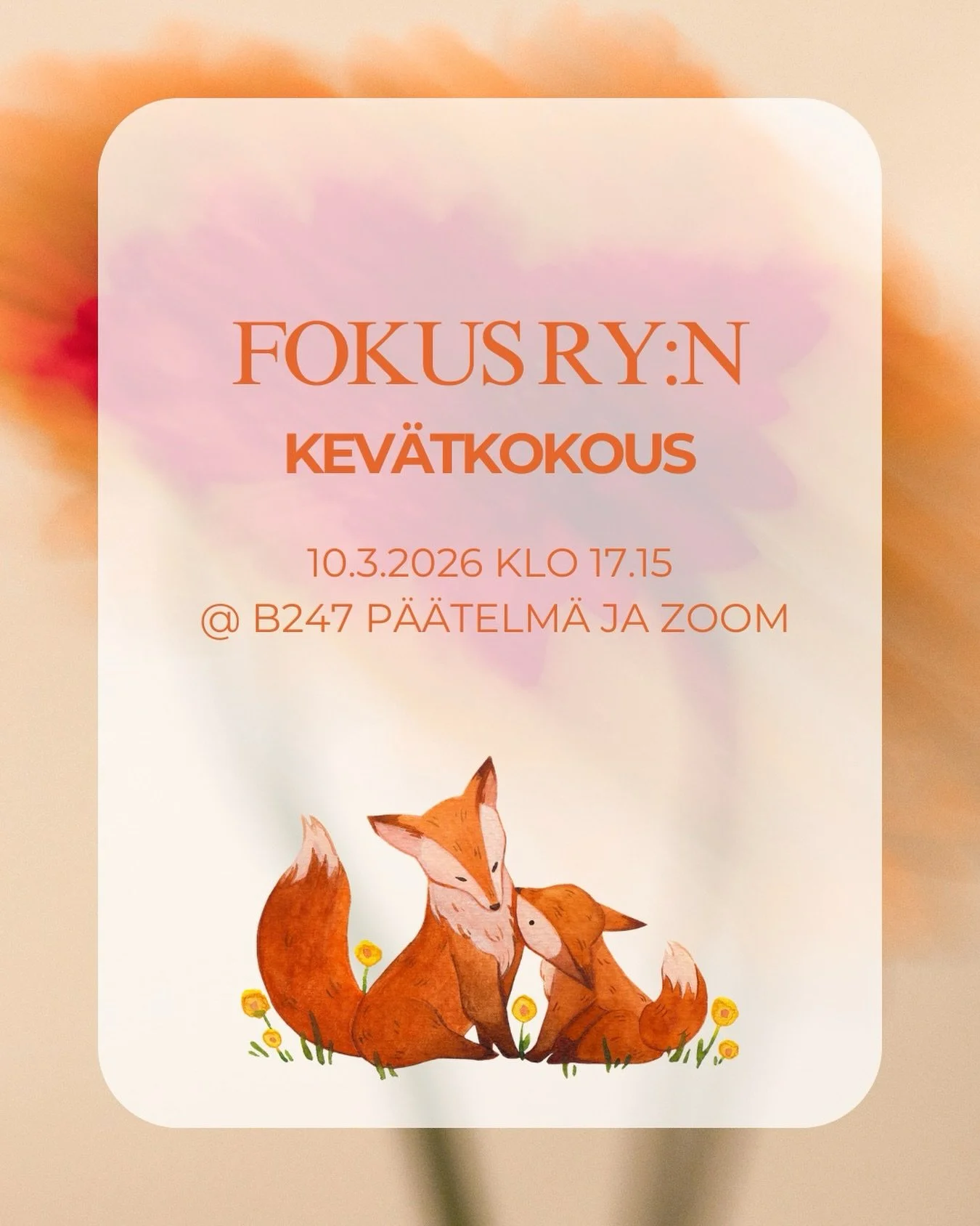 Kev&auml;t on vihdoin saapunut kaikessa kauneudessaan ja seh&auml;n tarkoittaa tottakai my&ouml;s kev&auml;tkokousta! 🦊

Tervetuloa Fokuksen kev&auml;tkokoukseen tiistaina 10.3. kello 17.15 alkaen. Kokous j&auml;rjestet&auml;&auml;n yliopiston kirja