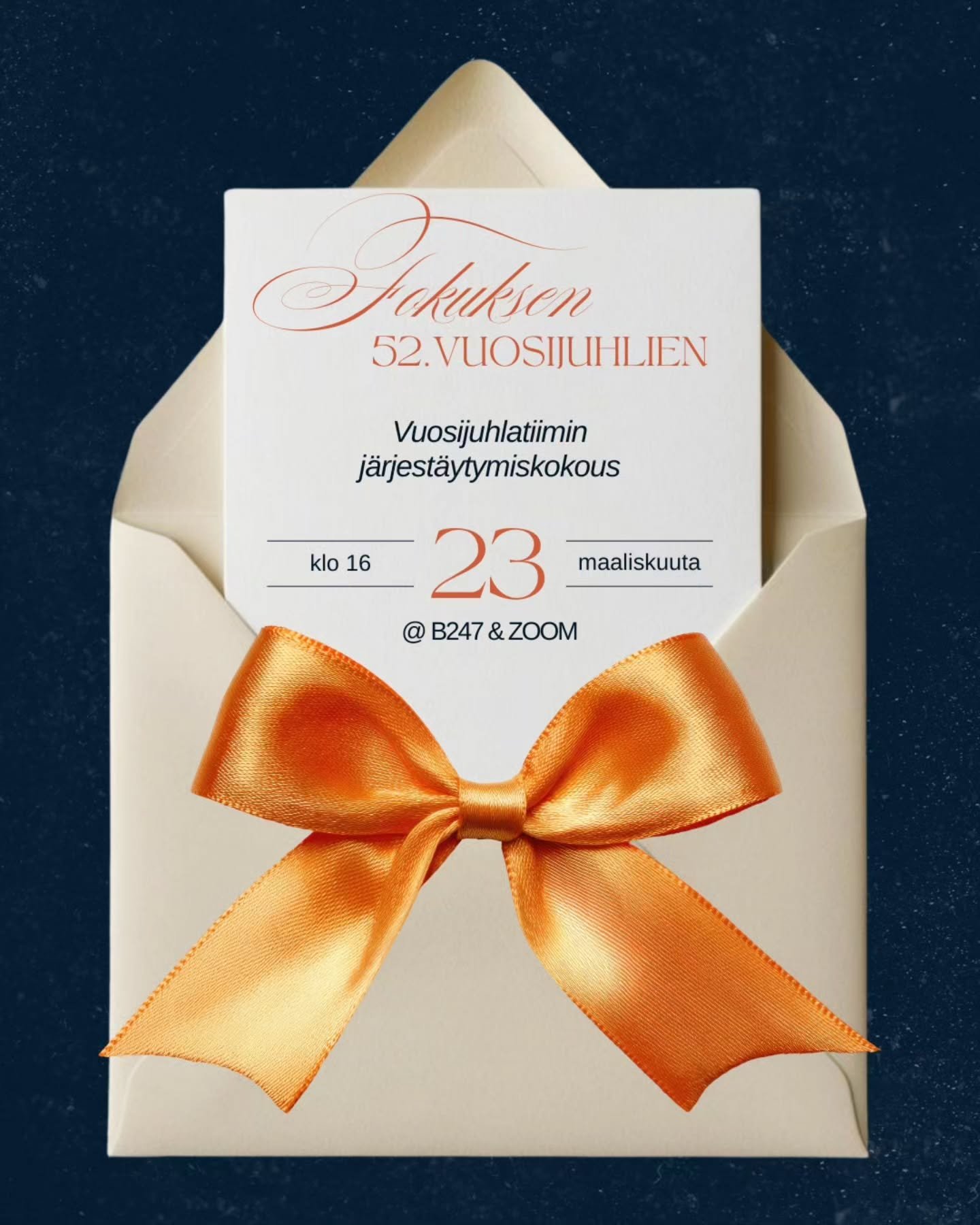 (In English below)

T&auml;n&auml; vuonna p&auml;&auml;st&auml;&auml;n taas nauttimaan vuosijuhlista, sill&auml; Fokuksen 52. vuosijuhlia vietet&auml;&auml;n vuoden 2026 loppupuolella. 🤩✨

Vuosijuhlien j&auml;rjest&auml;miseen kootaan erillinen tiim