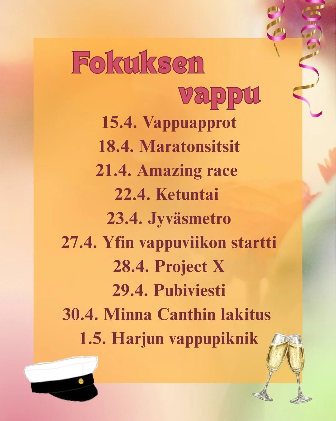 Ai ett&auml;, kev&auml;t on taas t&auml;&auml;ll&auml; ja Fokuksen vappuhulinat alkamassa🥳🎈

Ota t&auml;st&auml; p&auml;iv&auml;m&auml;&auml;r&auml;t itsellesi talteen ja tule viett&auml;m&auml;&auml;n vappua fokuslaisten kanssa🧡 Lopuistakin tapah