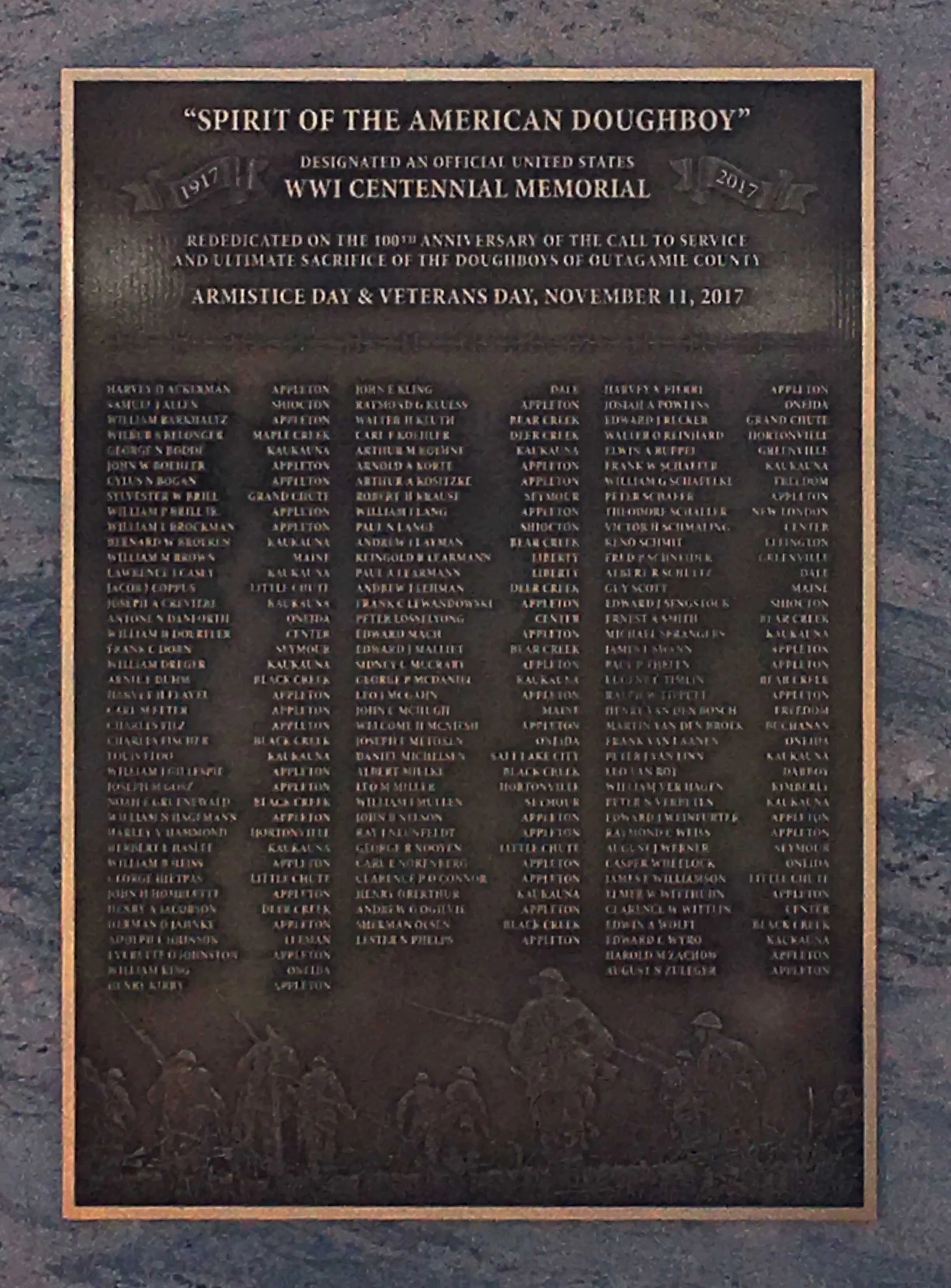 New Centanial Memorial Designation and Doughboys of Outamaimie County plaque.