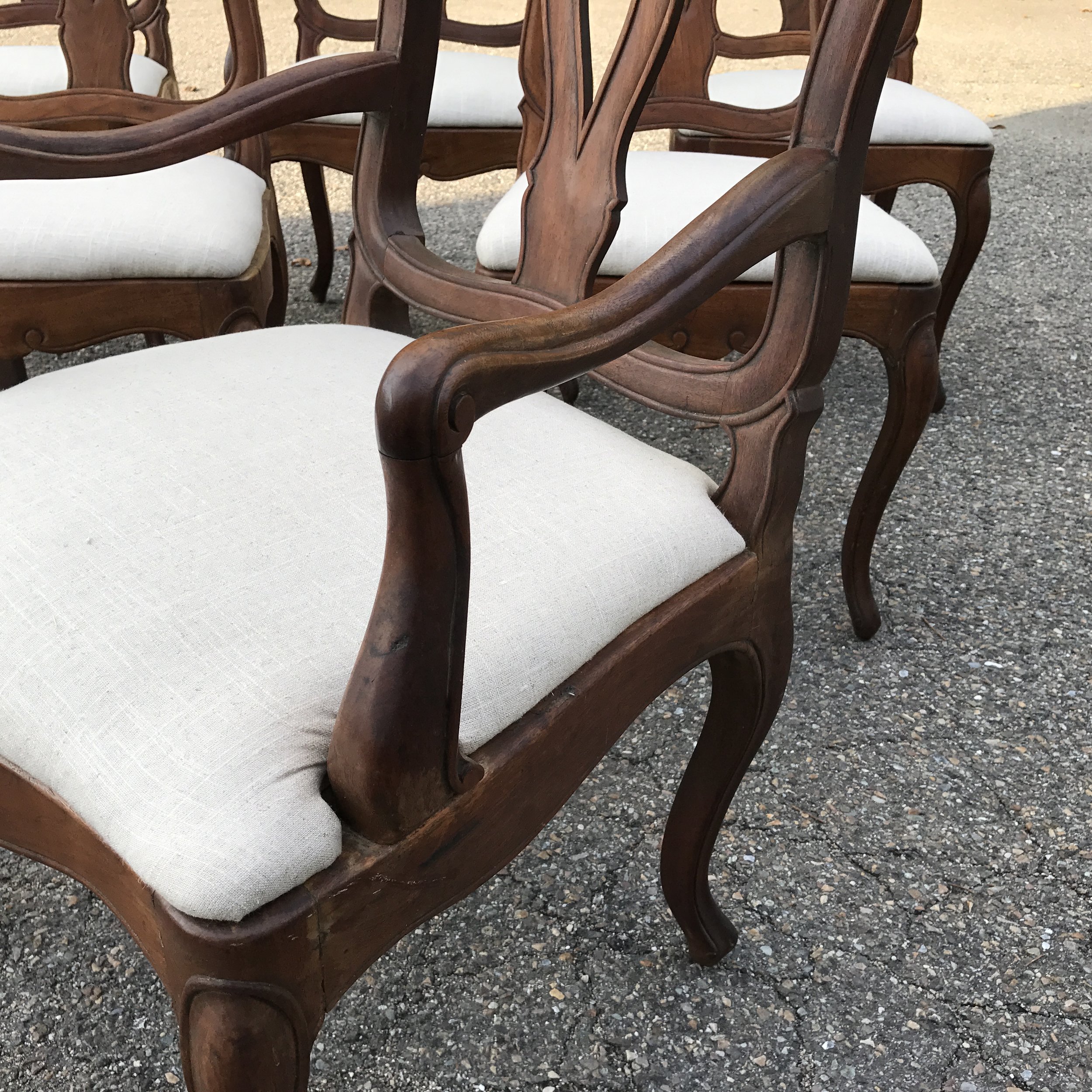 Set of 6 Antique French Louis XV Walnut Dining Chairs with Silk Damask