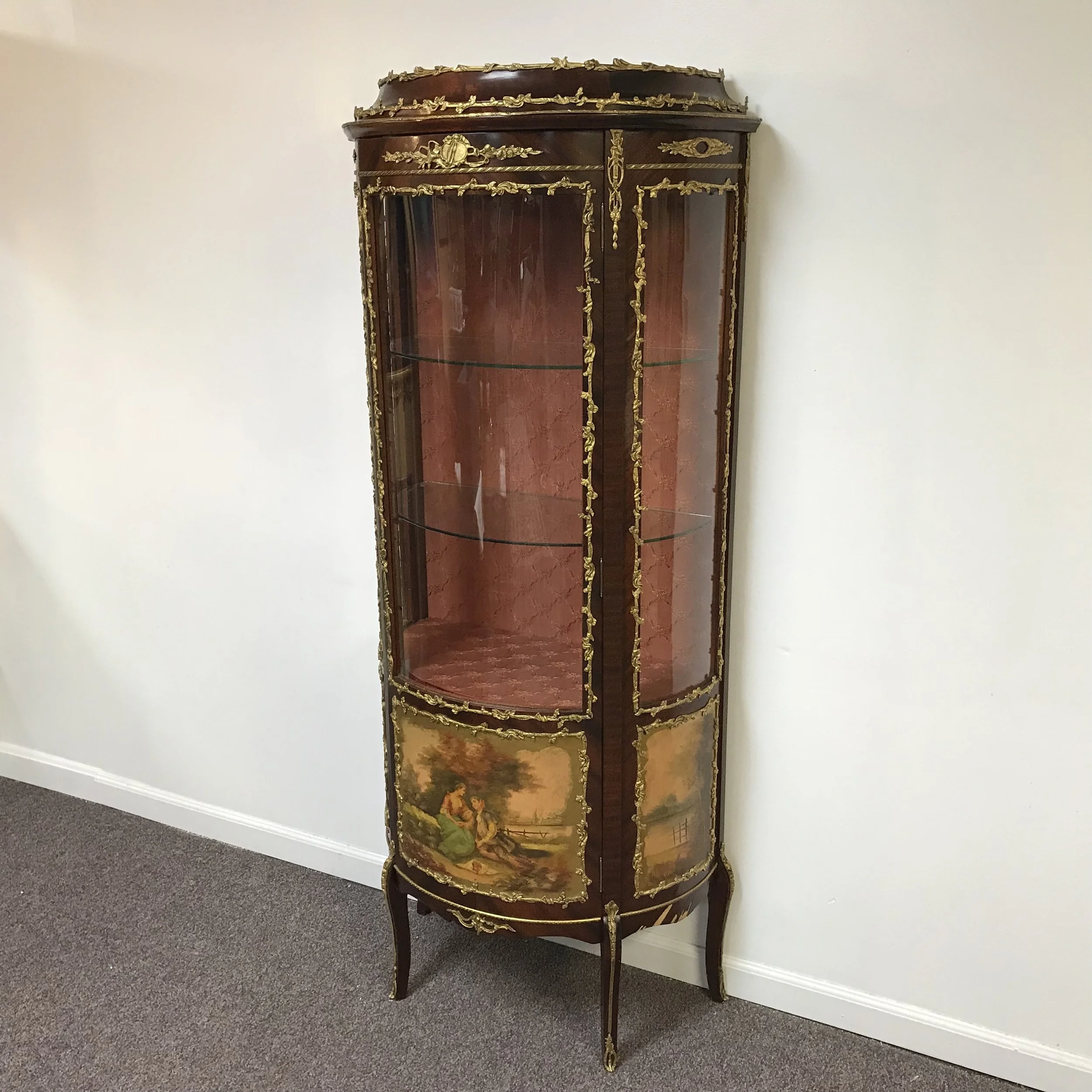Vintage French Curve Front Curio Cabinet W Ormolu Decoration Ardesh