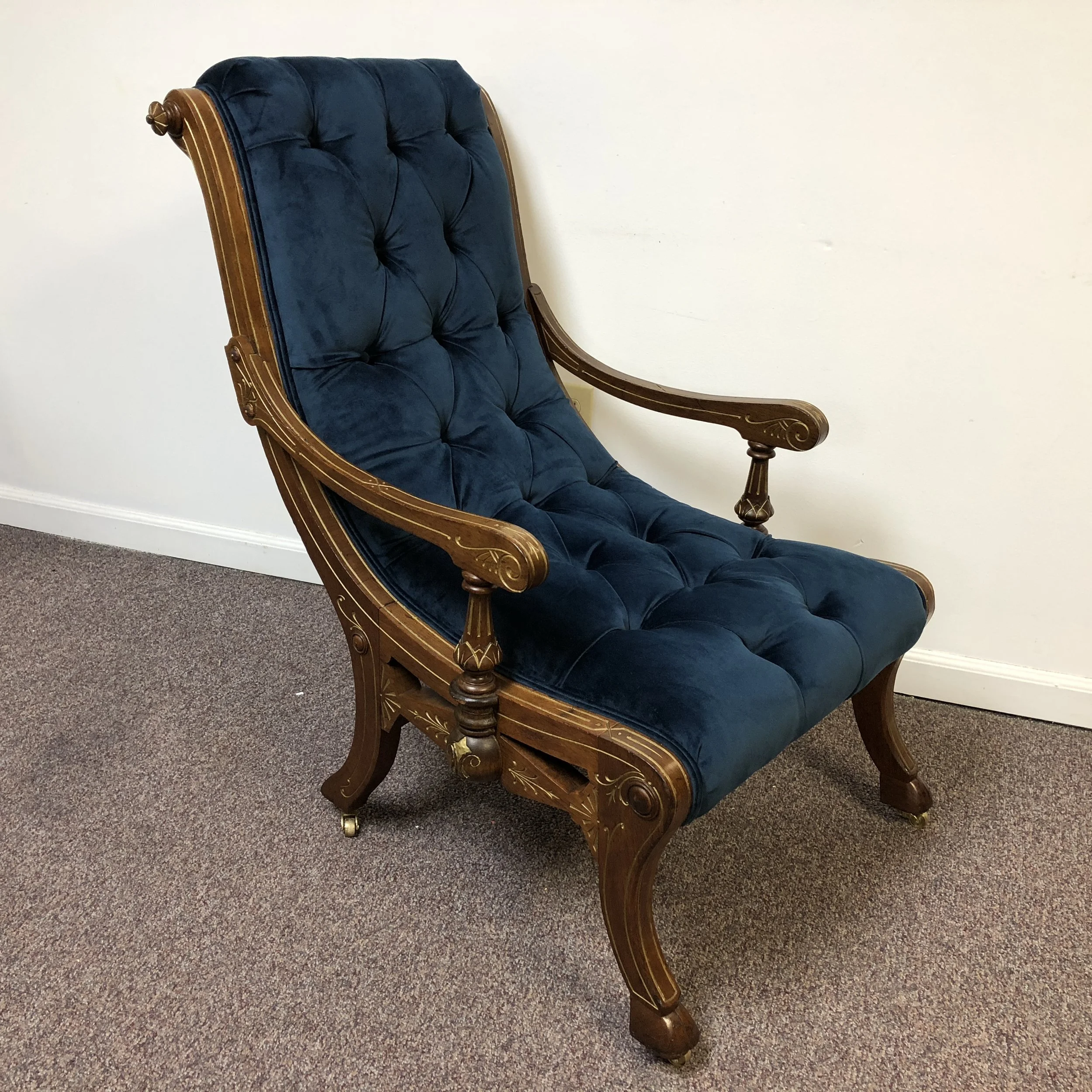 American Victorian Eastlake Walnut Sleigh Arm Chair w Gilt Trim \u0026 Blue  Velvet — Ardesh, image size:2500x2500
