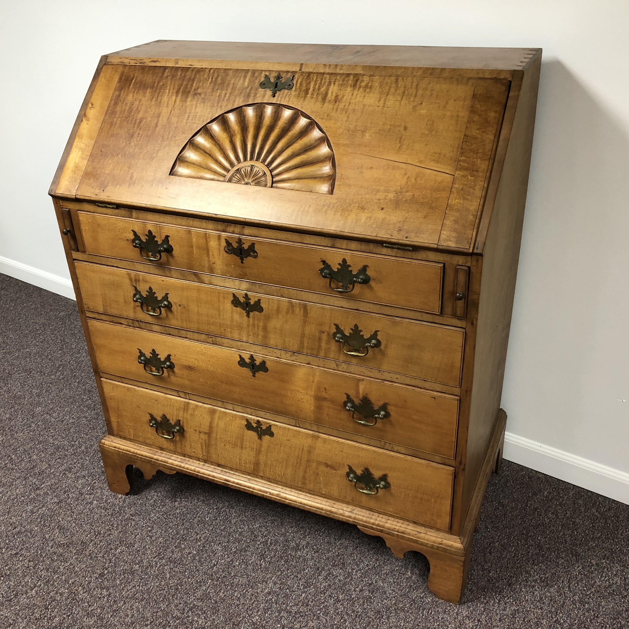 18th C American Chippendale Tiger Maple Slant Front Desk With