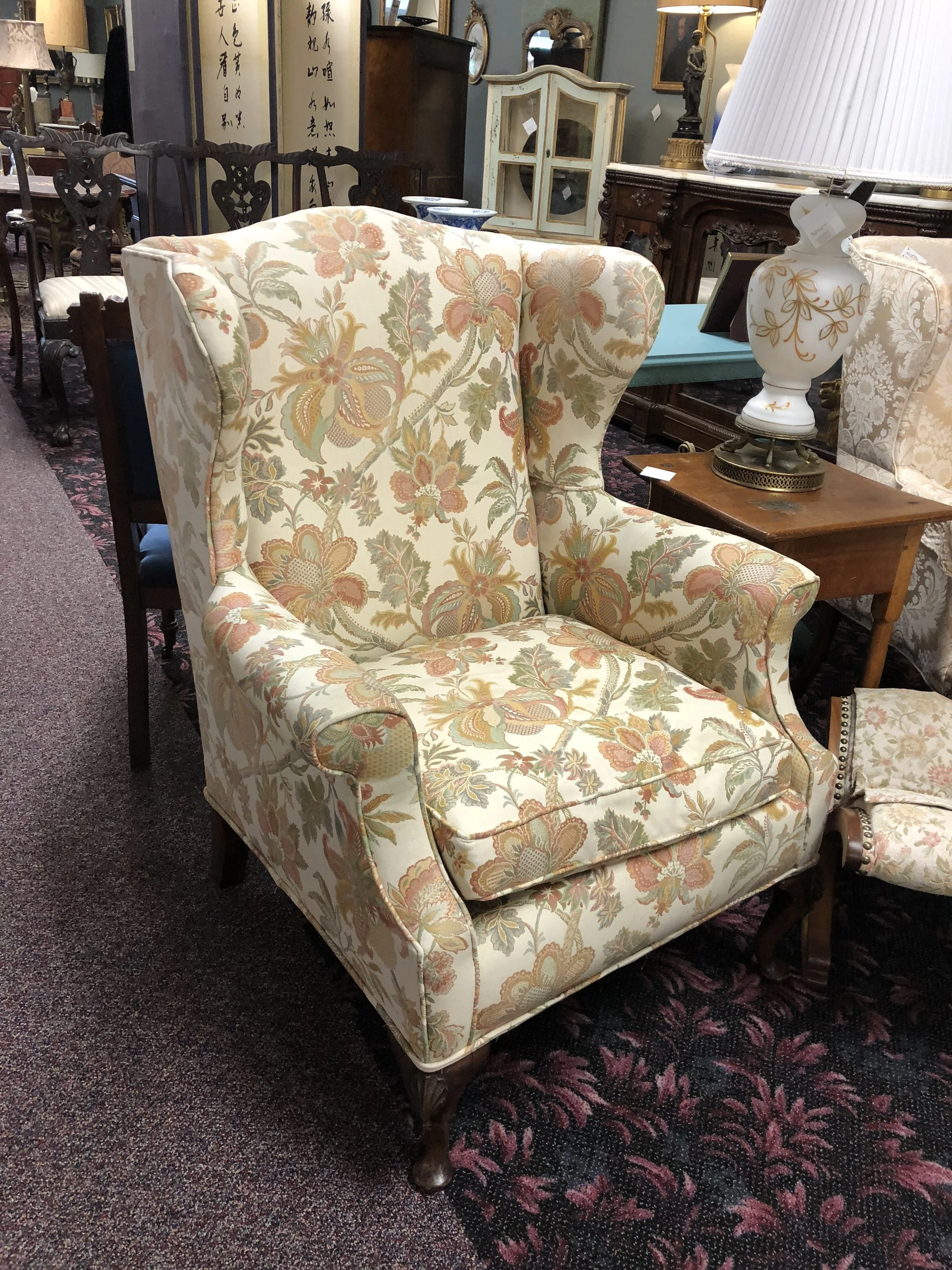 Floral Upholstered Wing Back Chair With Shell Carving Ardesh
